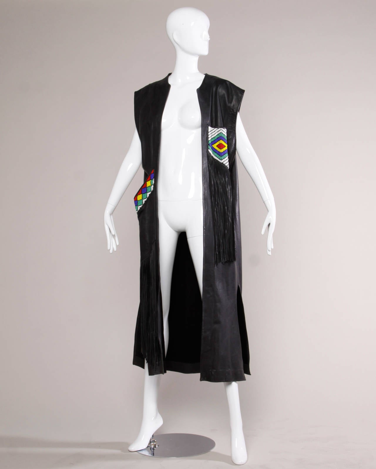 Vintage 1970s 70s Hand-Beaded Leather Statement Vest with Long Fringe In Excellent Condition In Sparks, NV