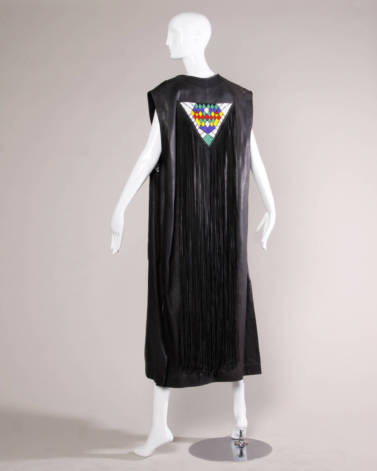 Women's Vintage 1970s 70s Hand-Beaded Leather Statement Vest with Long Fringe