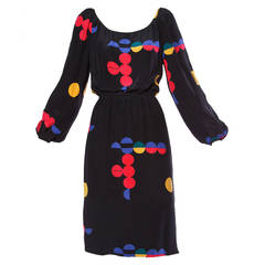 Michael Novarese Vintage 1970s Colorful Geometric Print Silk Dress