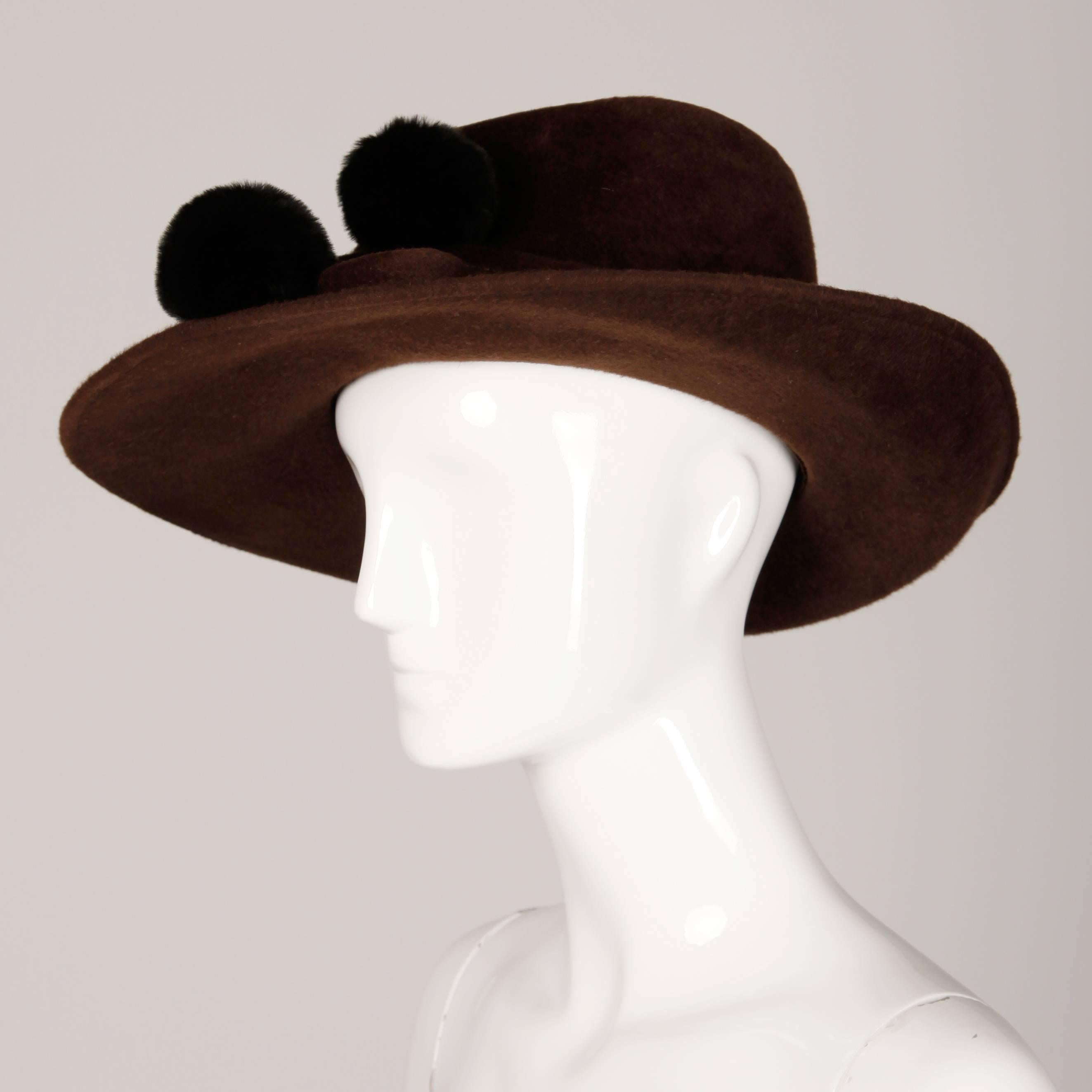 Women's Unworn with Tags Bailey Tomlin Vintage Brown Wool Hat with Black Fur Pom Poms 