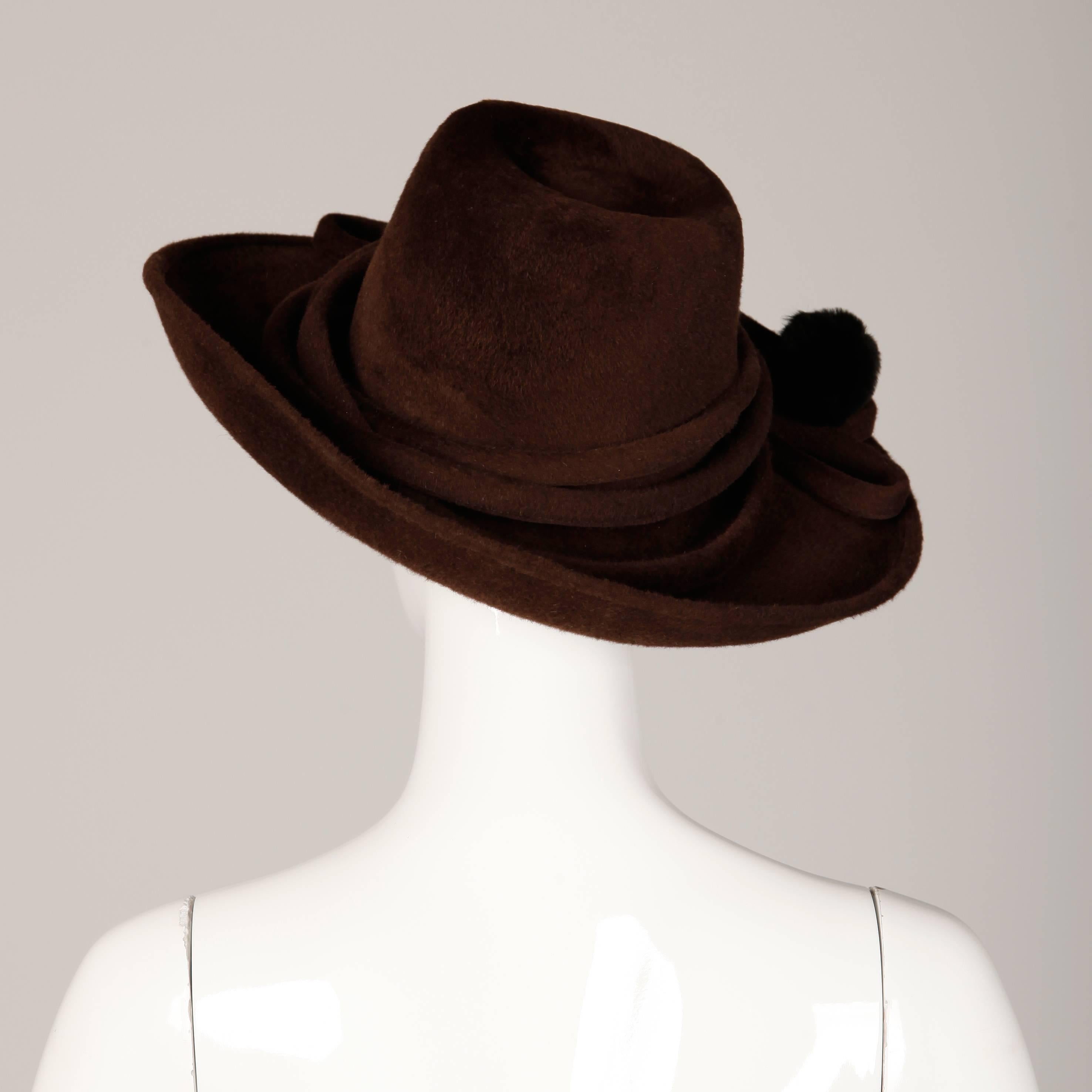 Unworn with Tags Bailey Tomlin Vintage Brown Wool Hat with Black Fur Pom Poms  1