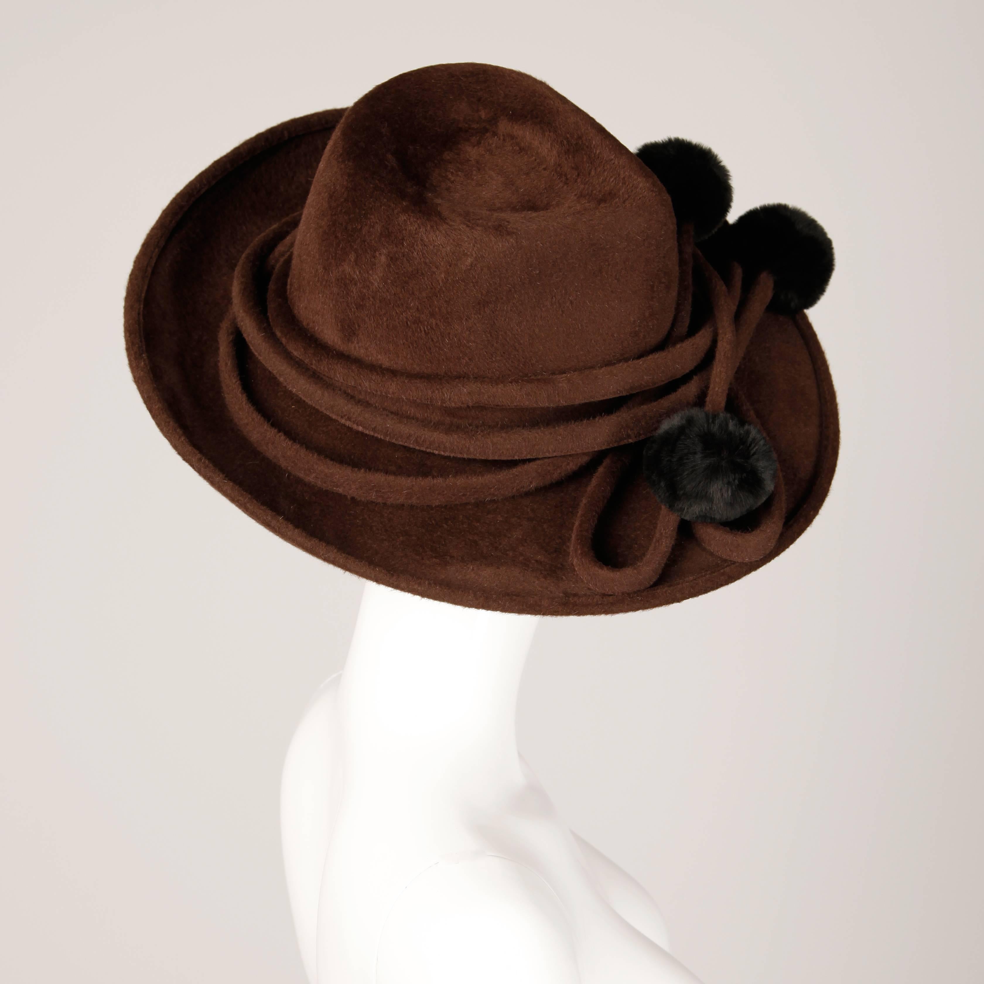 Unworn with Tags Bailey Tomlin Vintage Brown Wool Hat with Black Fur Pom Poms  In New Condition In Sparks, NV