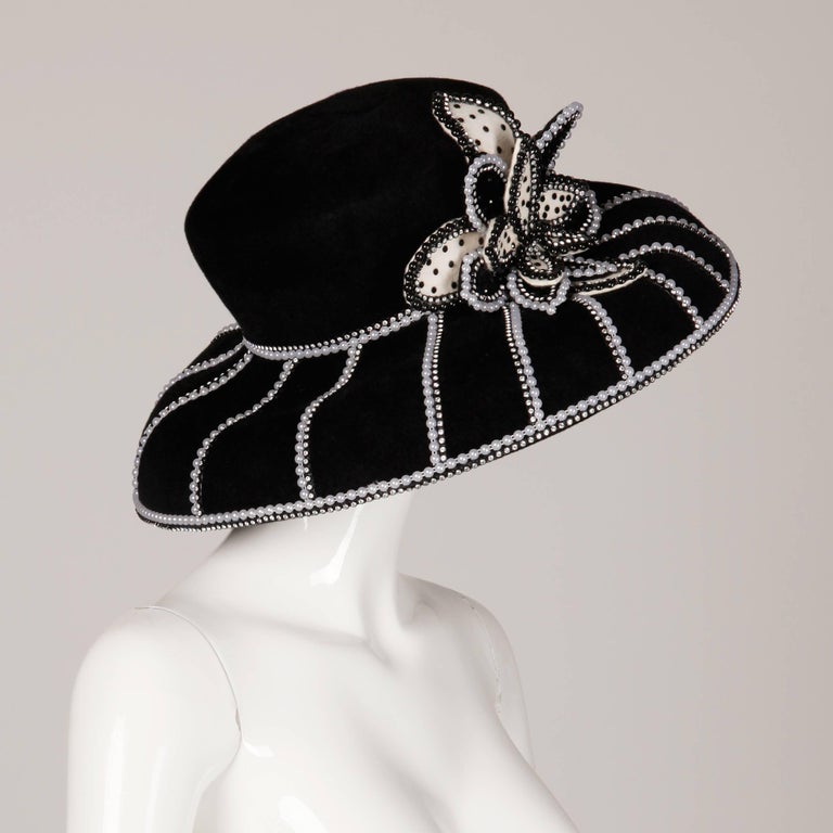 Women's George Zamau'l Vintage Black + White Beaded Flower Embellished Rhinestone Hat For Sale