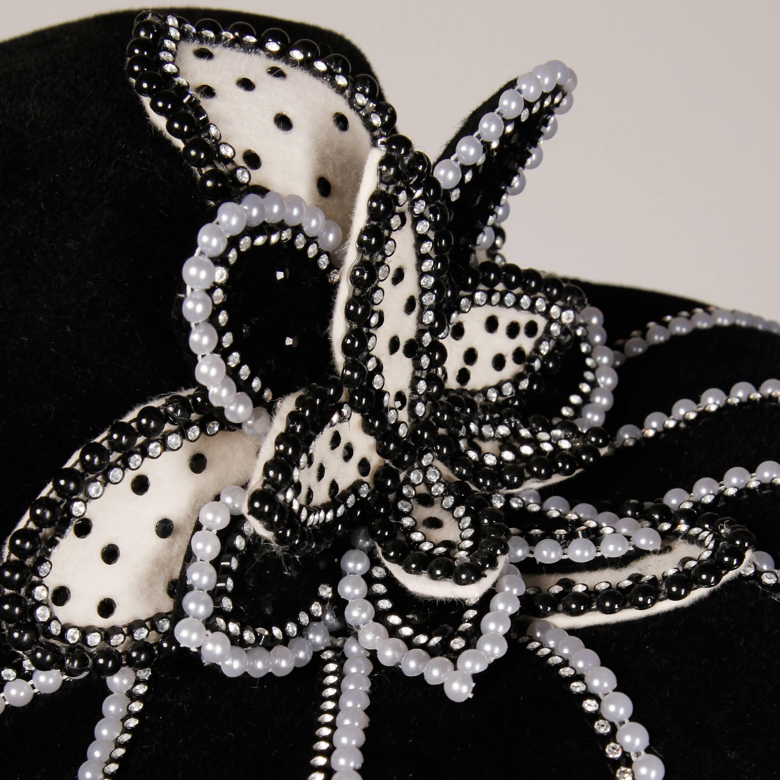 Women's George Zamau'l Vintage Black + White Beaded Flower Embellished Rhinestone Hat For Sale