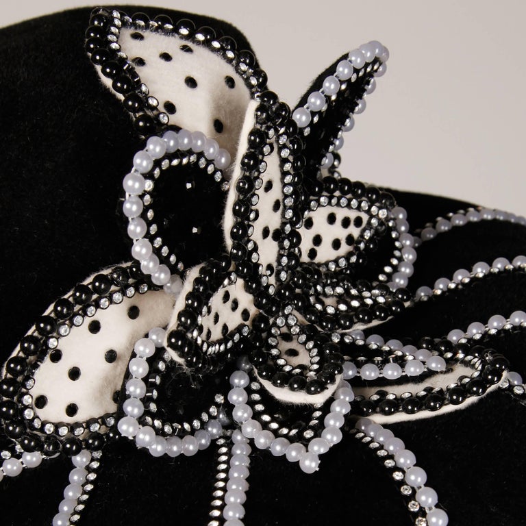 George Zamau'l Vintage Black + White Beaded Flower Embellished Rhinestone Hat For Sale 3