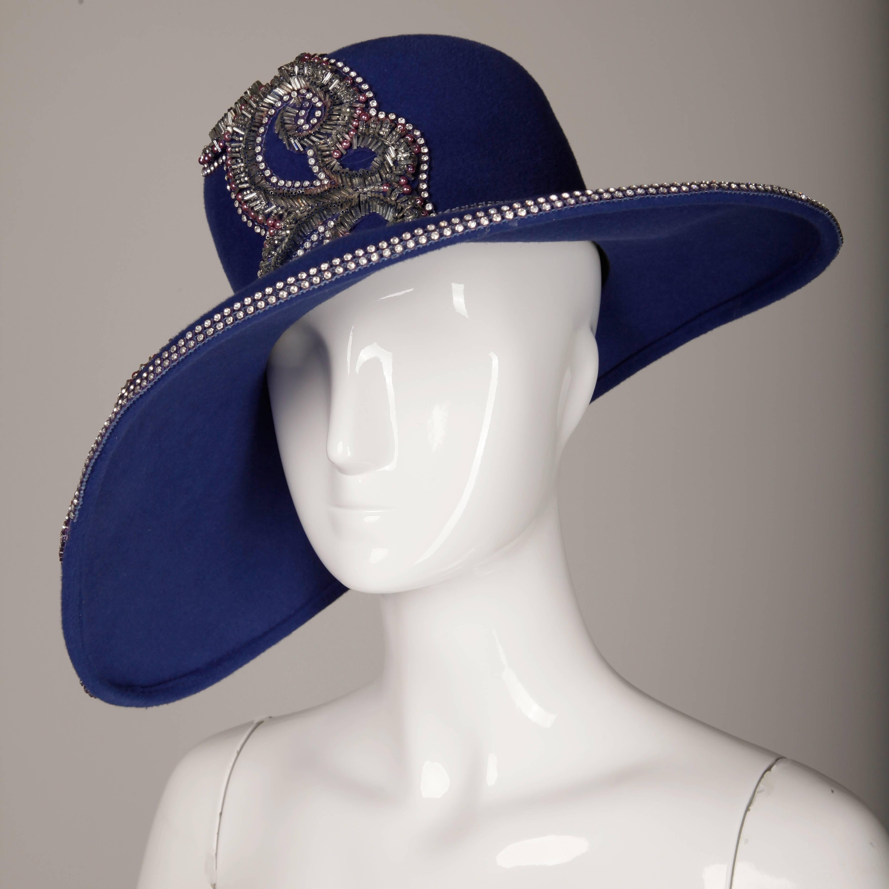 Unworn with Tags Eve Andrea Vintage Blue Rhinestone + Beaded Hat In New Condition In Sparks, NV