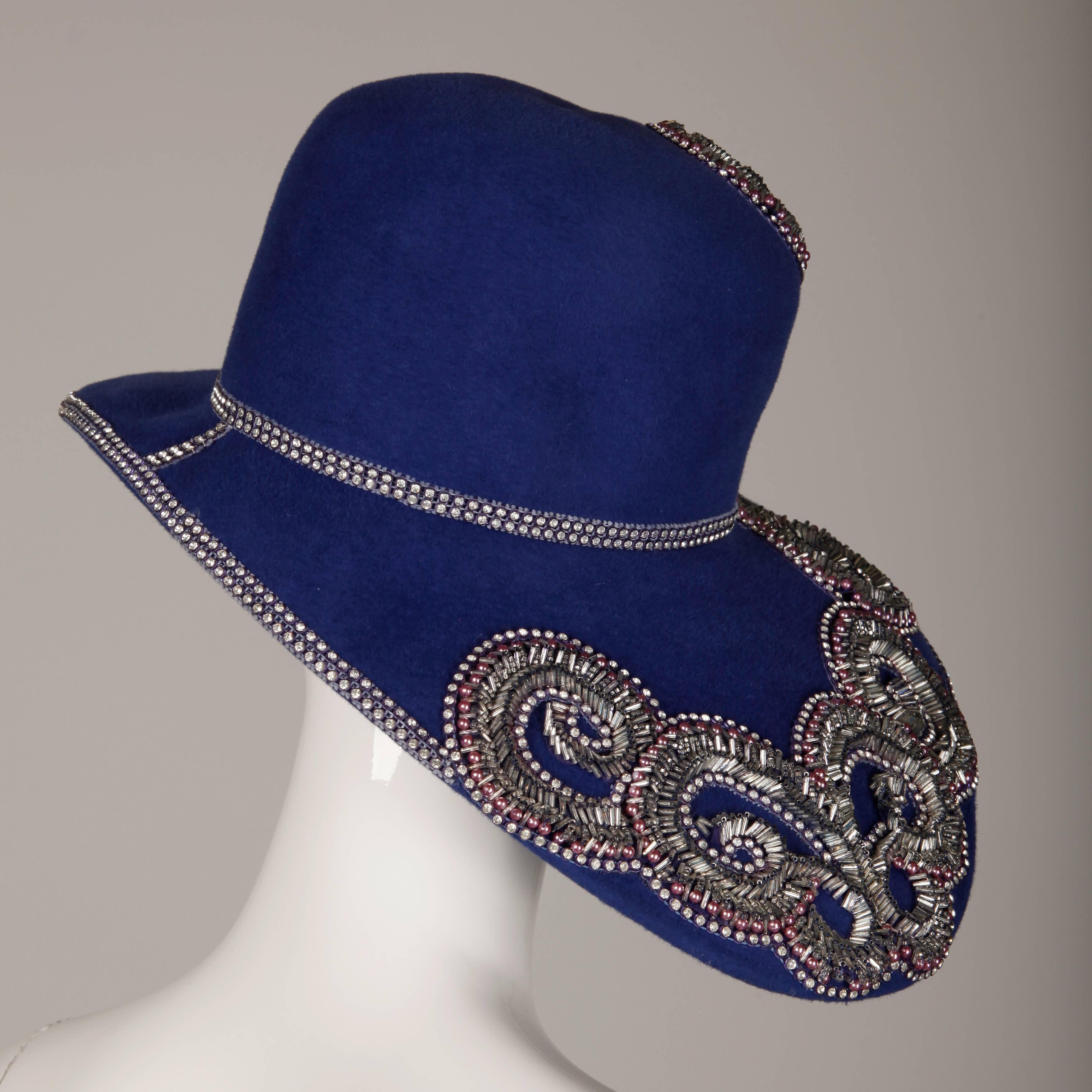 Unworn with Tags Eve Andrea Vintage Blue Rhinestone + Beaded Hat 1
