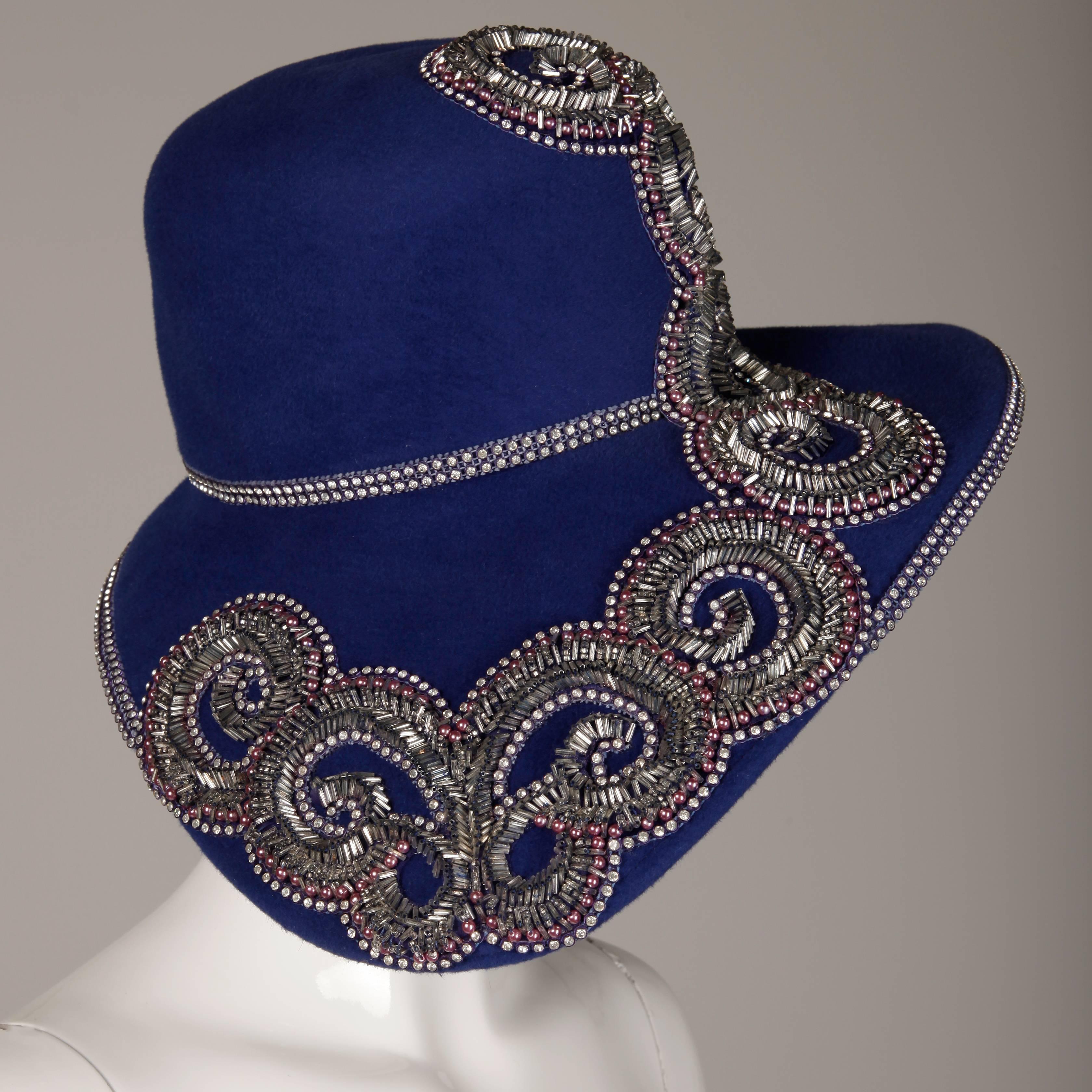 Women's Unworn with Tags Eve Andrea Vintage Blue Rhinestone + Beaded Hat