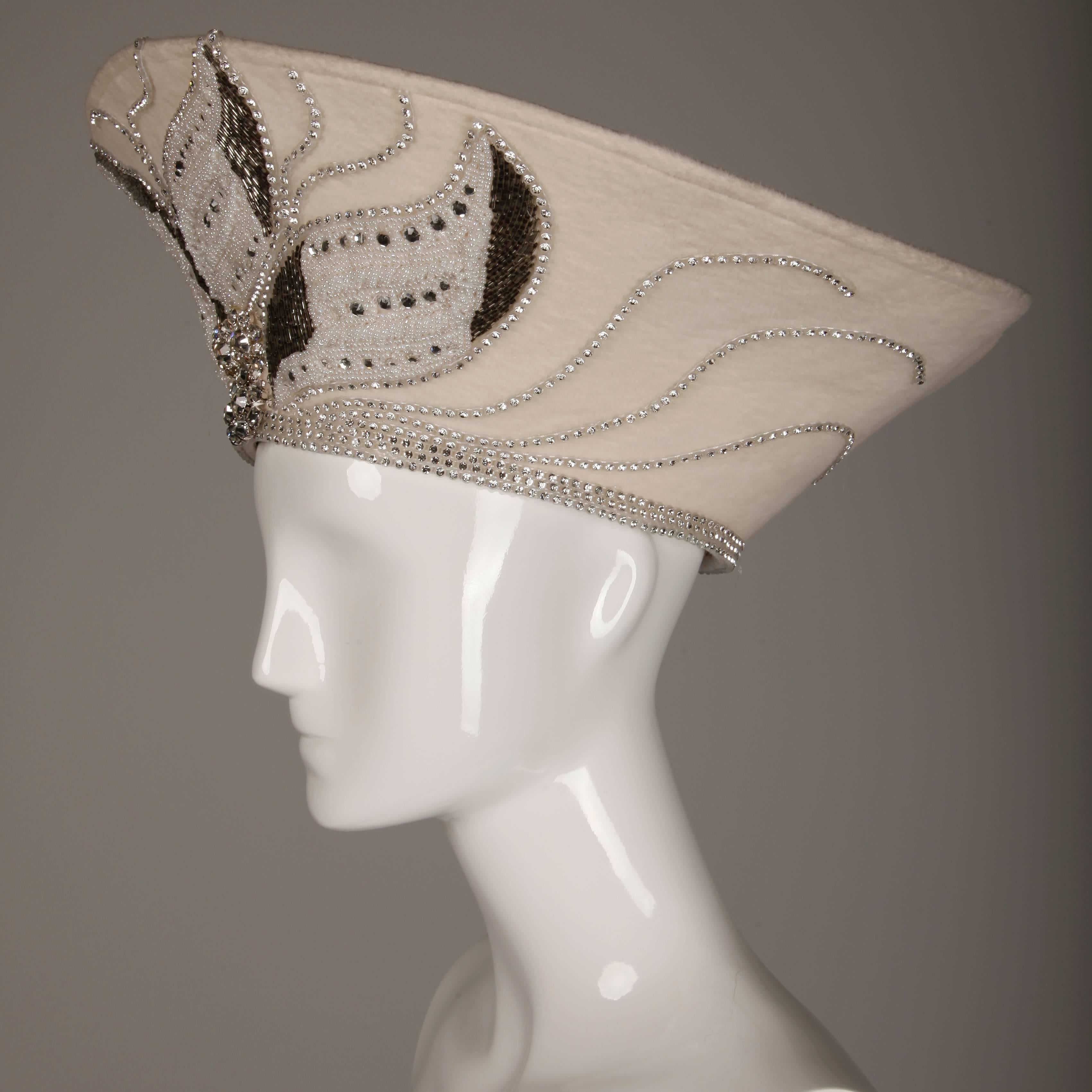 Brown Unworn with Tags George Zamau'l Couture Vintage Hat with Rhinestones + Beading For Sale