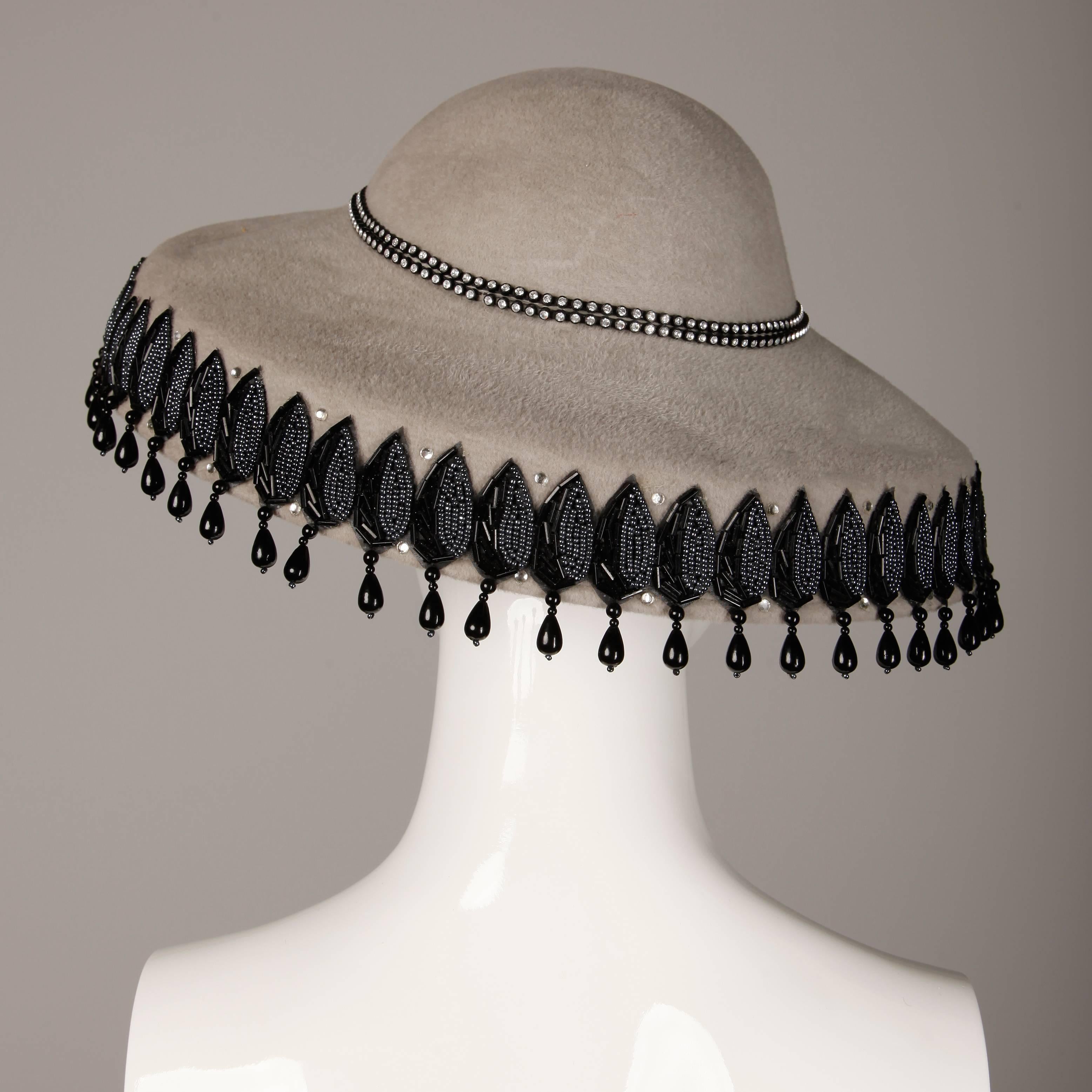 Unworn with Tags Vintage Makins New York Gray Hat with Beading + Rhinestones In New Condition For Sale In Sparks, NV