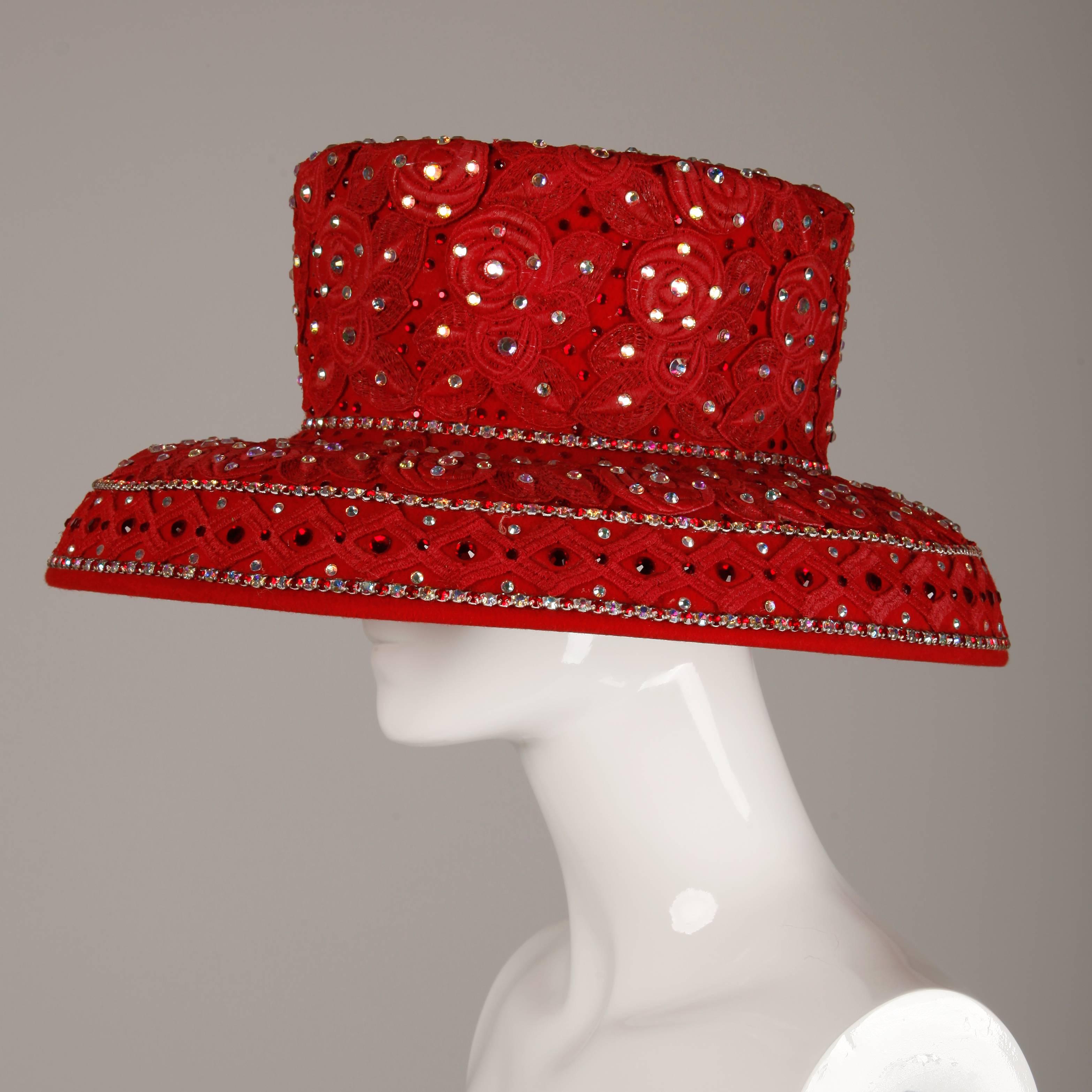 Unworn with Tags Vintage Makins New York Red Hat with Beading + Rhinestones In New Condition In Sparks, NV