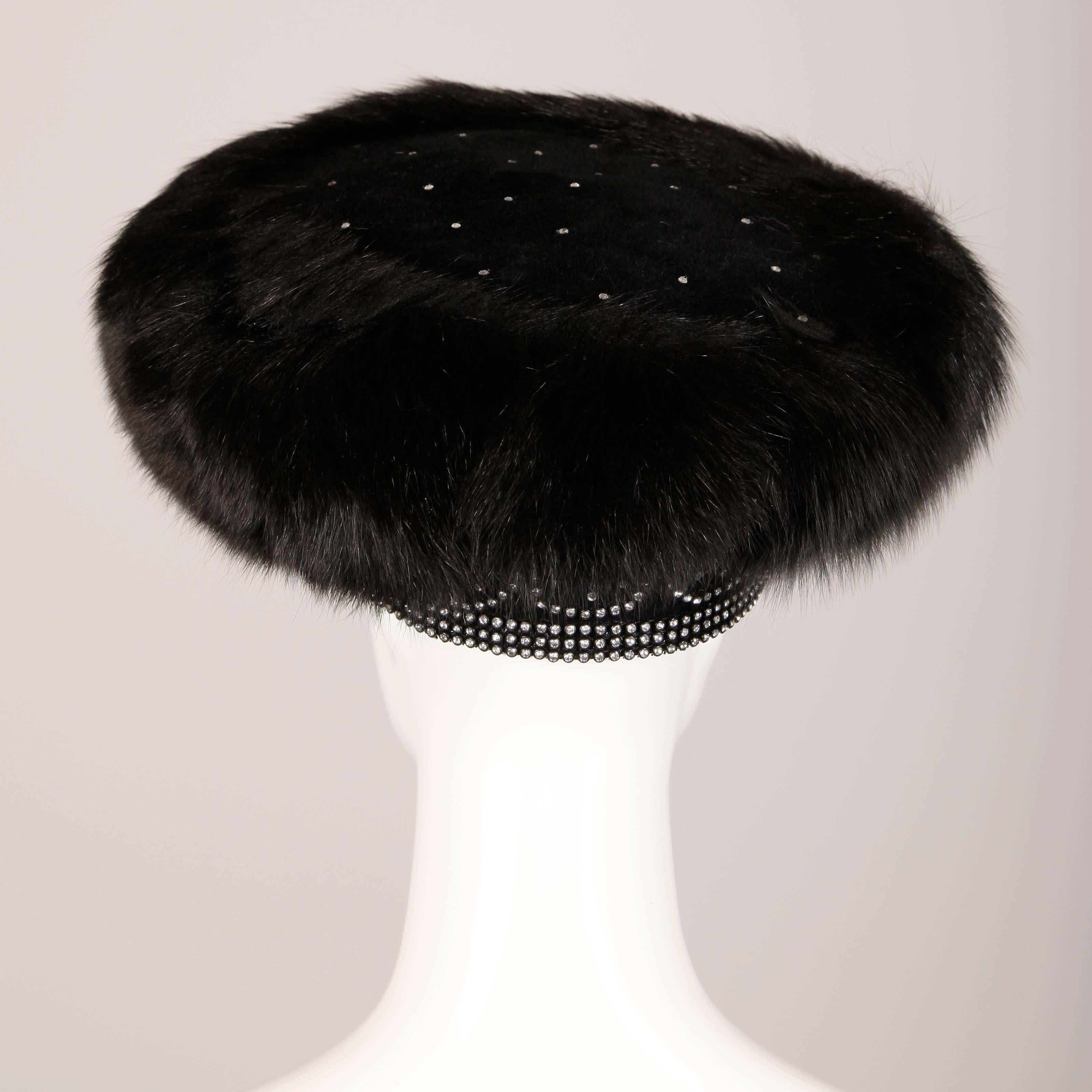 Unworn with Tags Vintage George Zamau'l Black Fox Fur + Rhinestone Hat In New Condition In Sparks, NV