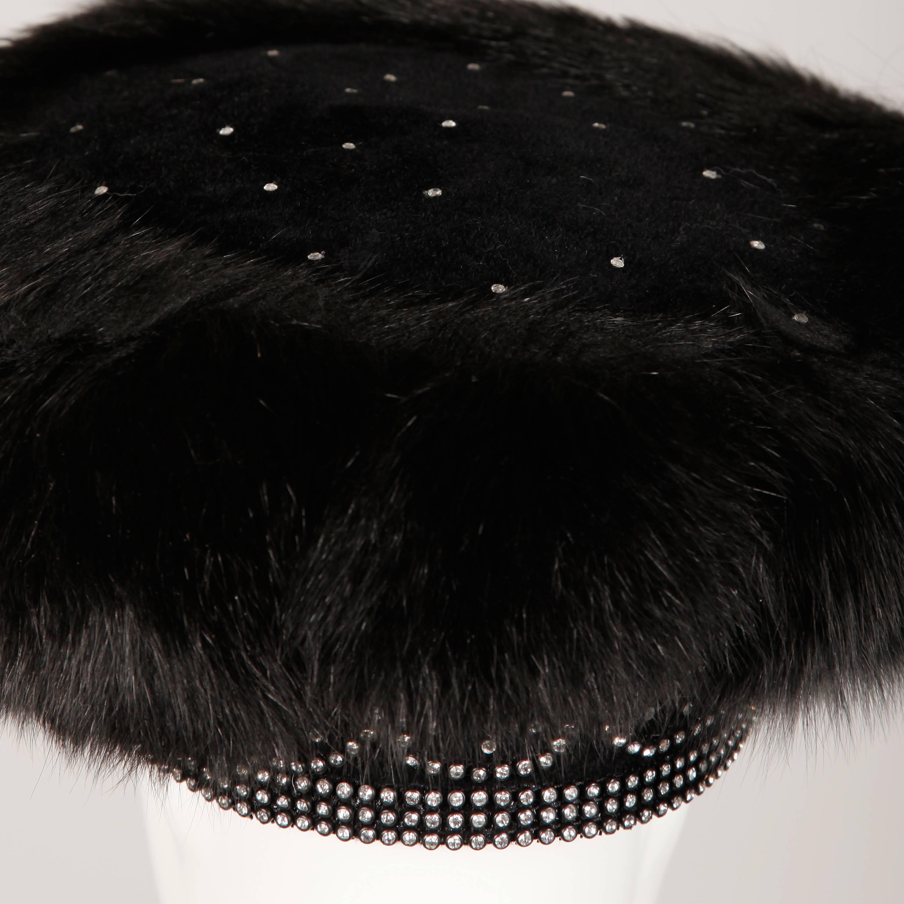 Women's Unworn with Tags Vintage George Zamau'l Black Fox Fur + Rhinestone Hat