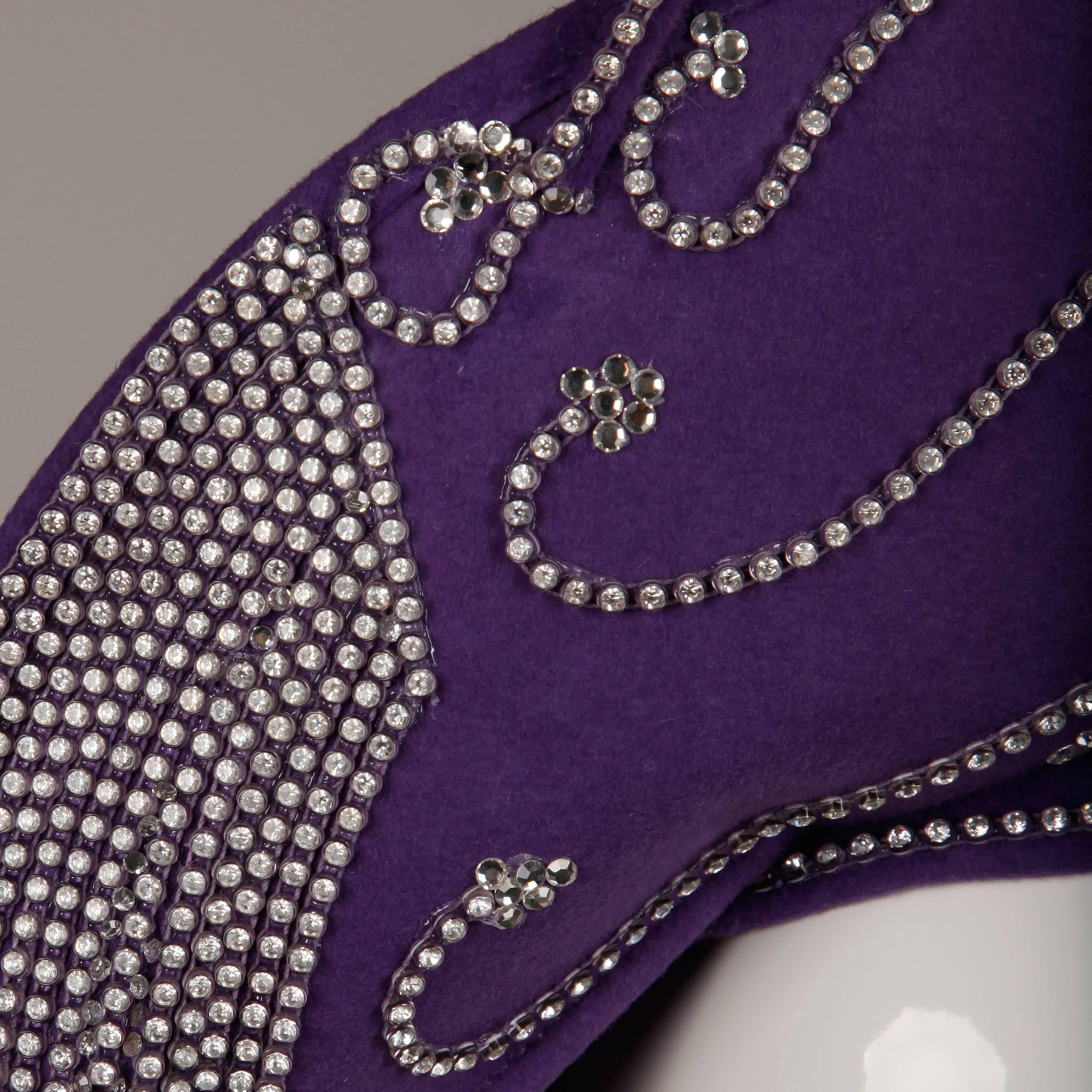 George Zamau'l Vintage Avant Garde Purple Rhinestone Wool Hat Unworn with Tags  In New Condition For Sale In Sparks, NV