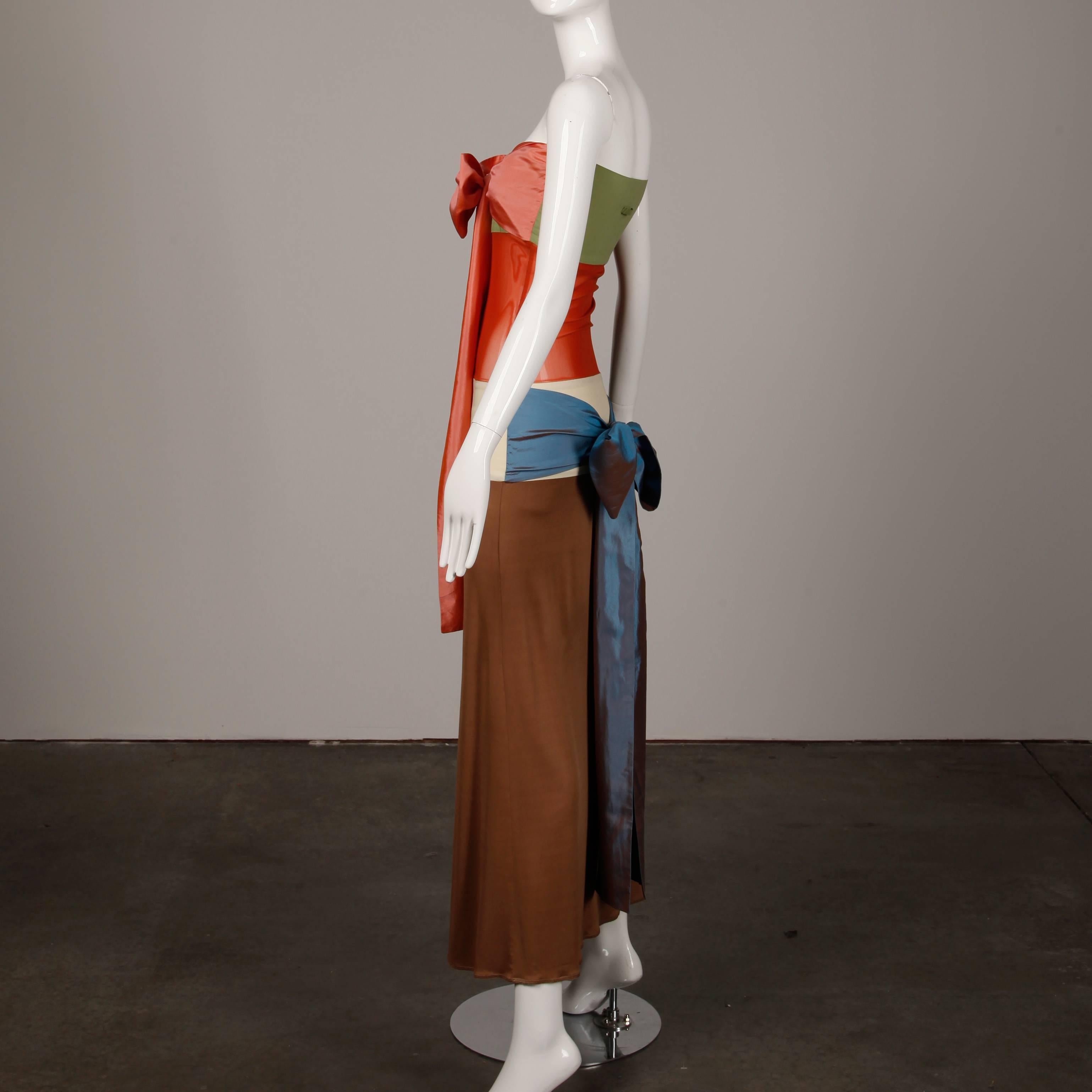 Brown 1990s Jean Paul Gaultier Femme Vintage Color Block Strapless Dress with Silk Tie
