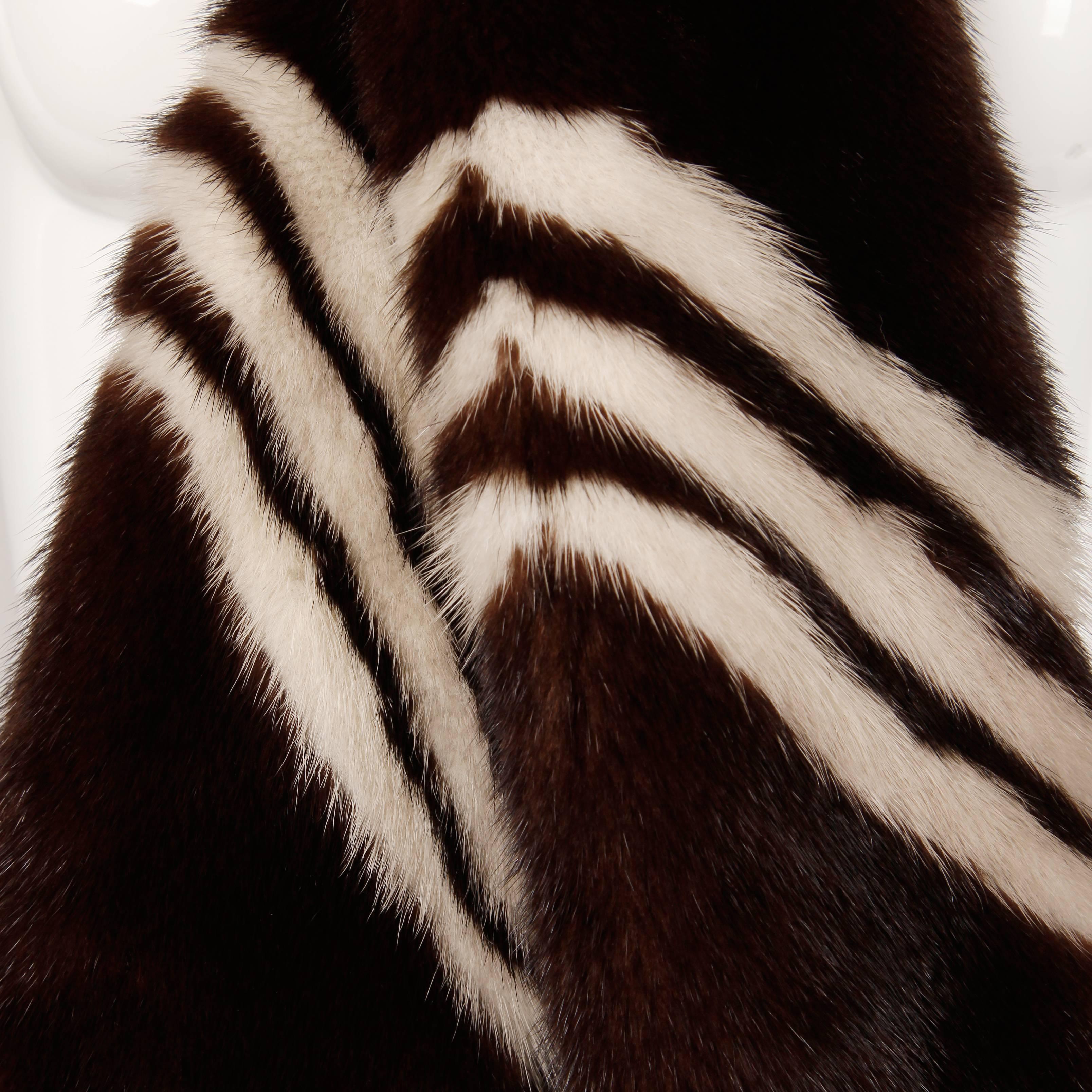Women's Vintage Brown + Blonde Striped Mink Fur Wrap, Fling, Stole or Scarf with Tails