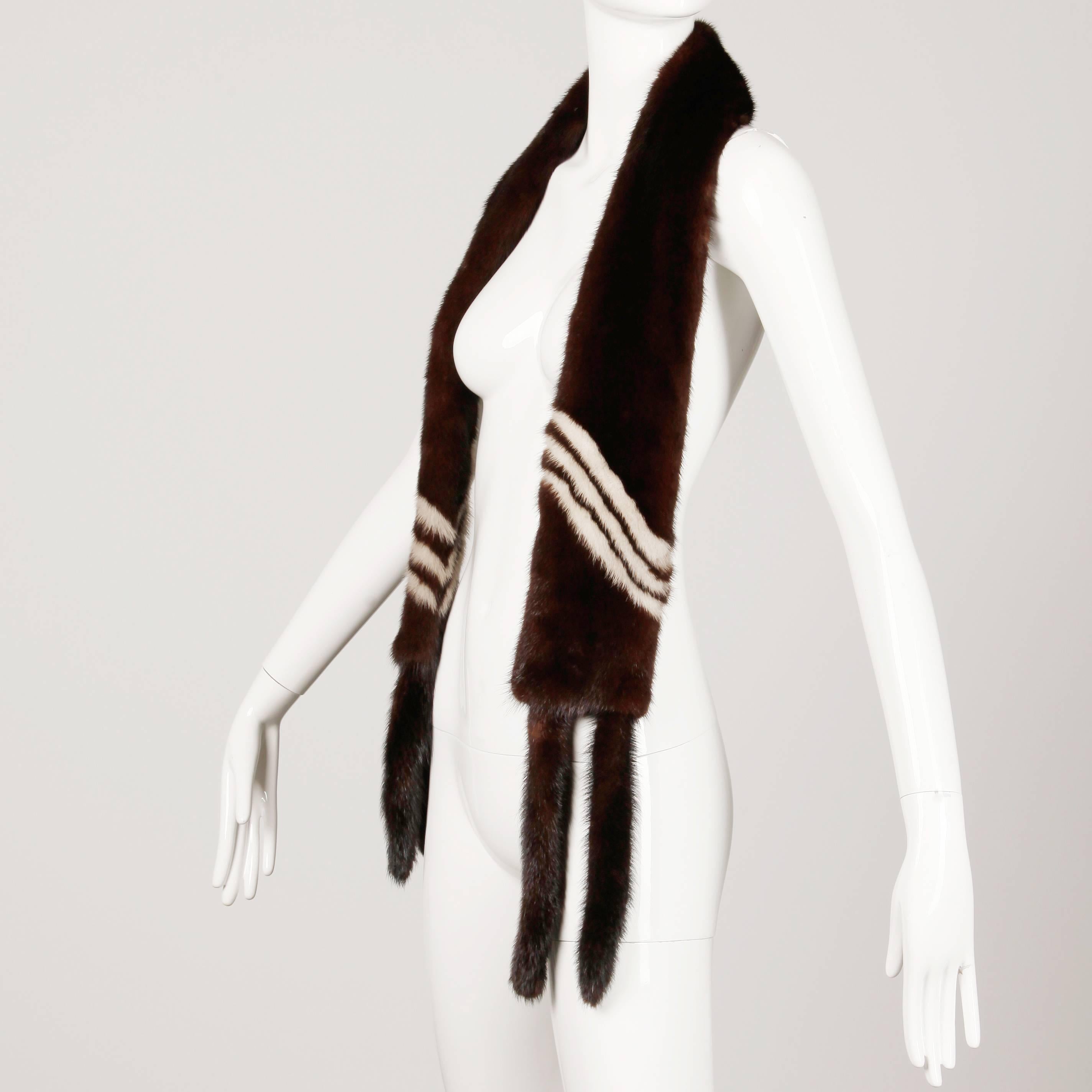 Black Vintage Brown + Blonde Striped Mink Fur Wrap, Fling, Stole or Scarf with Tails