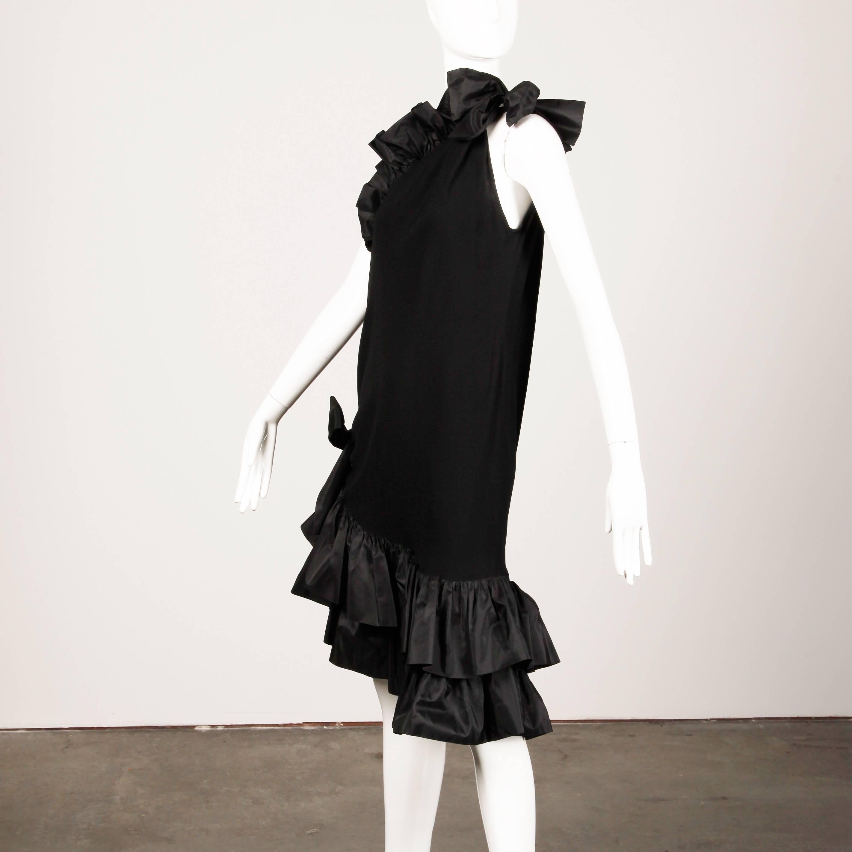Women's Yves Saint Laurent YSL Rive Gauche Vintage Ruffled Black Evening Dress, 1980s 