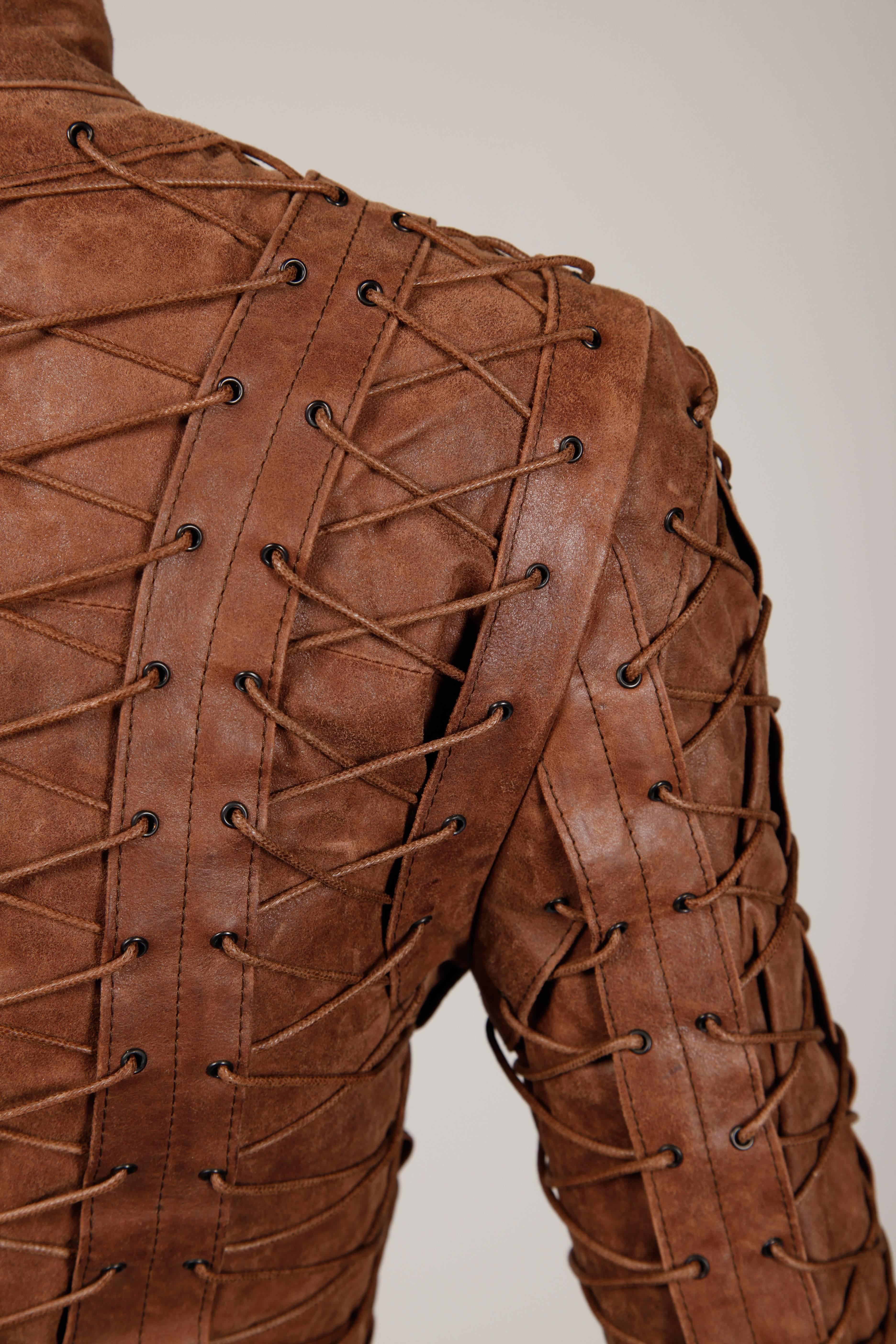 Faycal Amor for Plein Sud Brown Leather Lace Up Grommet Moto Jacket In Excellent Condition In Sparks, NV