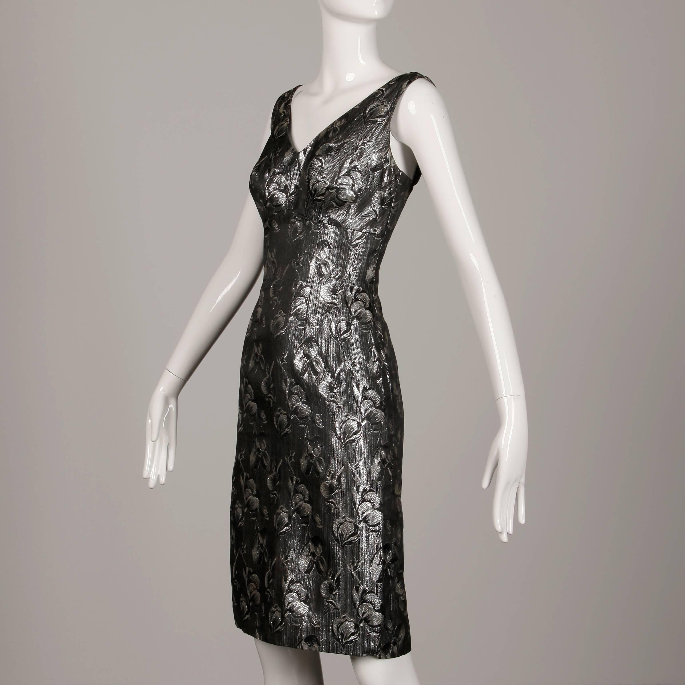 Black Lilli Diamond Vintage Metallic Silver Cocktail Sheath Dress, 1960s 