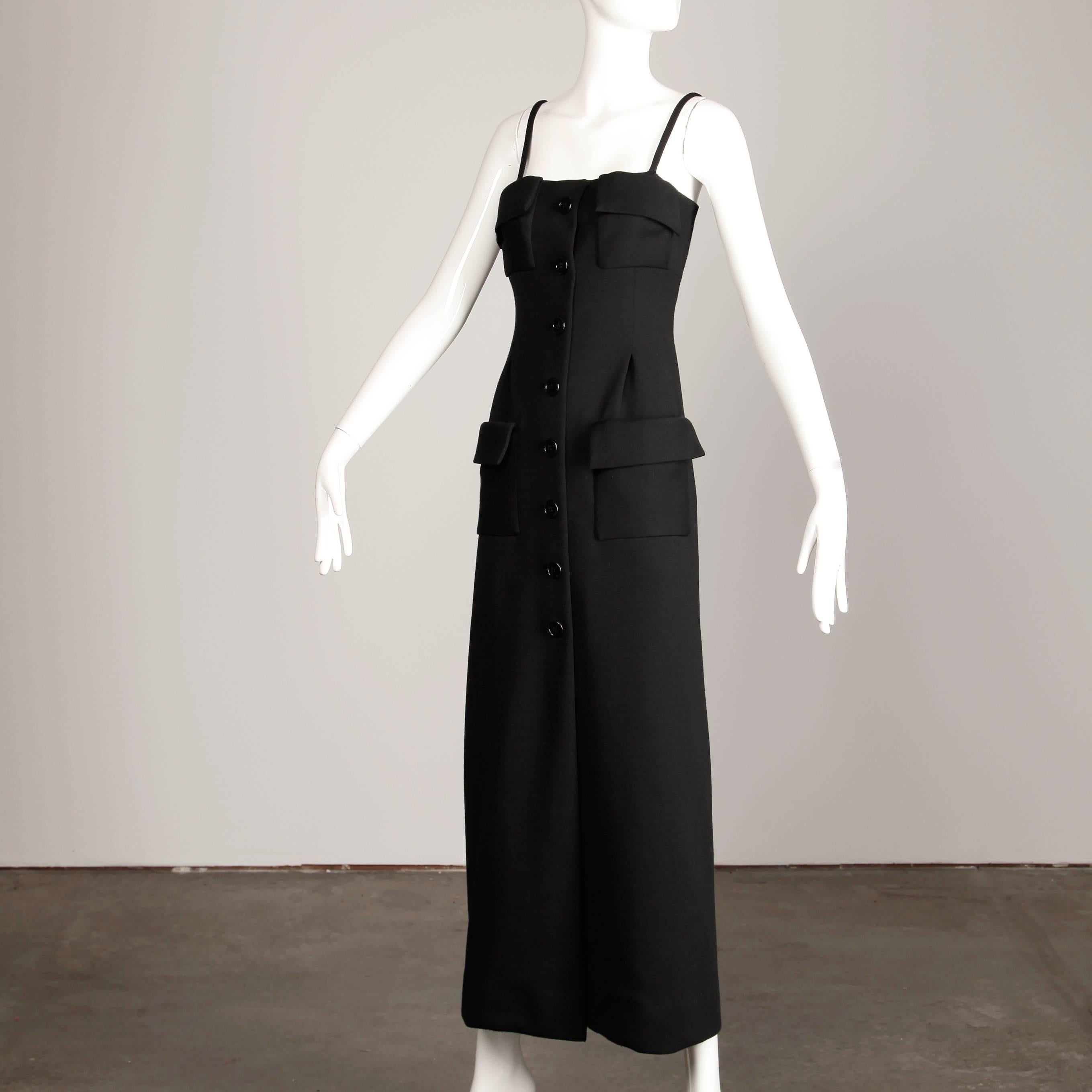 1970s Geoffrey Beene Vintage Black Wool Button Up Maxi Dress In Excellent Condition In Sparks, NV