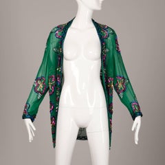 1980s Fabrice Vintage Green Sheer Silk Sequin + Beaded Jacket or Cardigan
