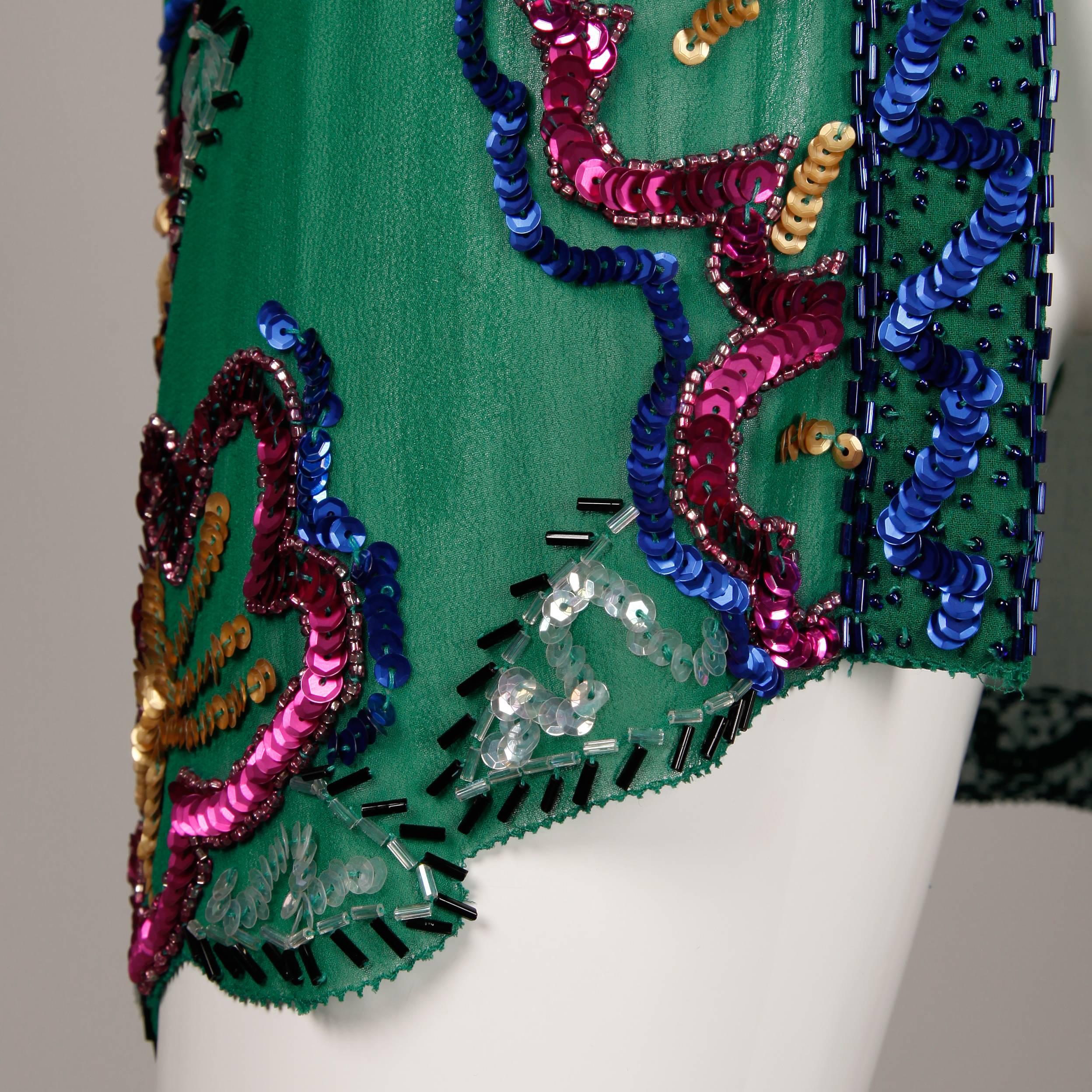 Women's 1980s Fabrice Vintage Green Sheer Silk Sequin + Beaded Jacket or Cardigan