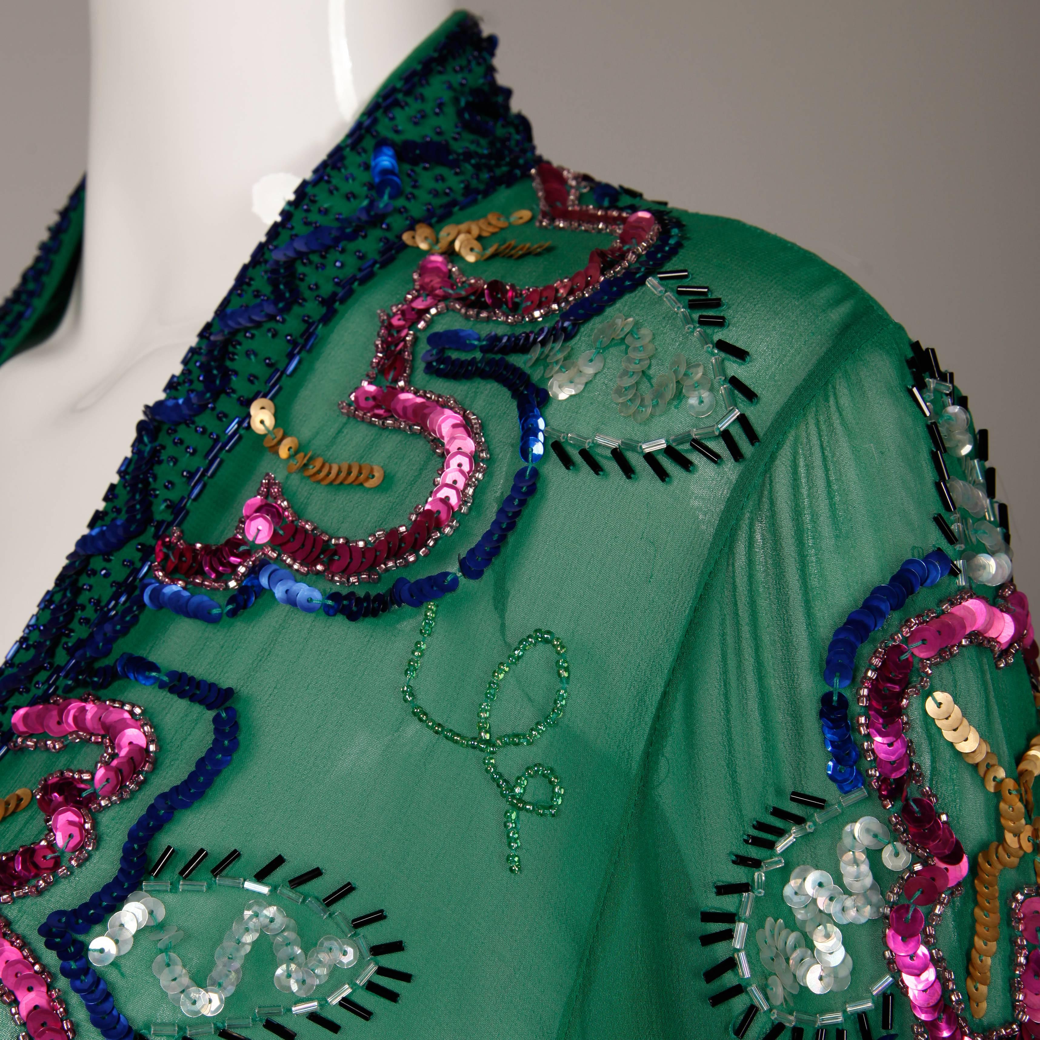 1980s Fabrice Vintage Green Sheer Silk Sequin + Beaded Jacket or Cardigan 1
