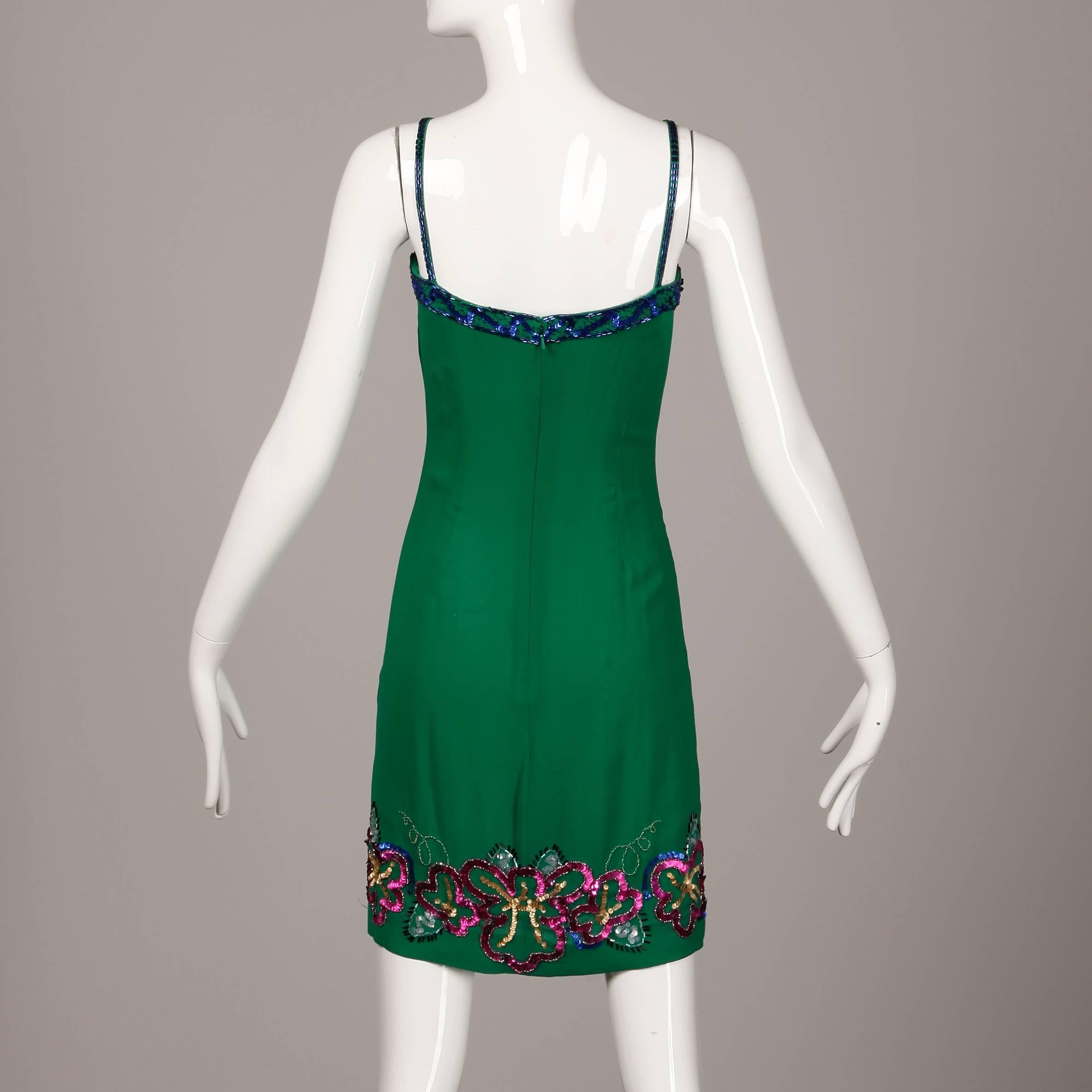 Women's Fabrice Vintage Green Silk Metallic Sequin + Beaded Cocktail Dress