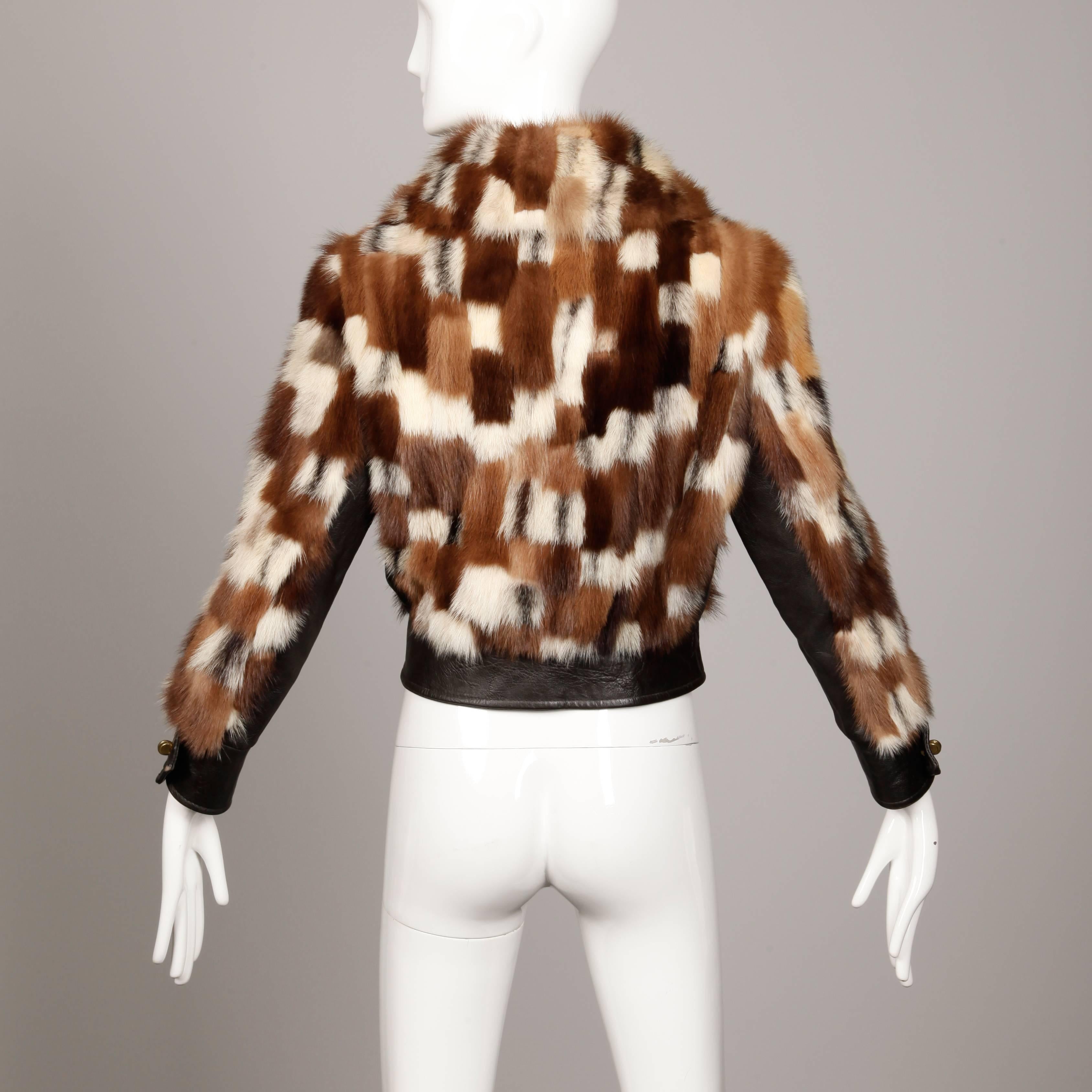 1970s Vintage Patchwork Multicolor Mink Fur + Brown Leather Jacket In Excellent Condition In Sparks, NV