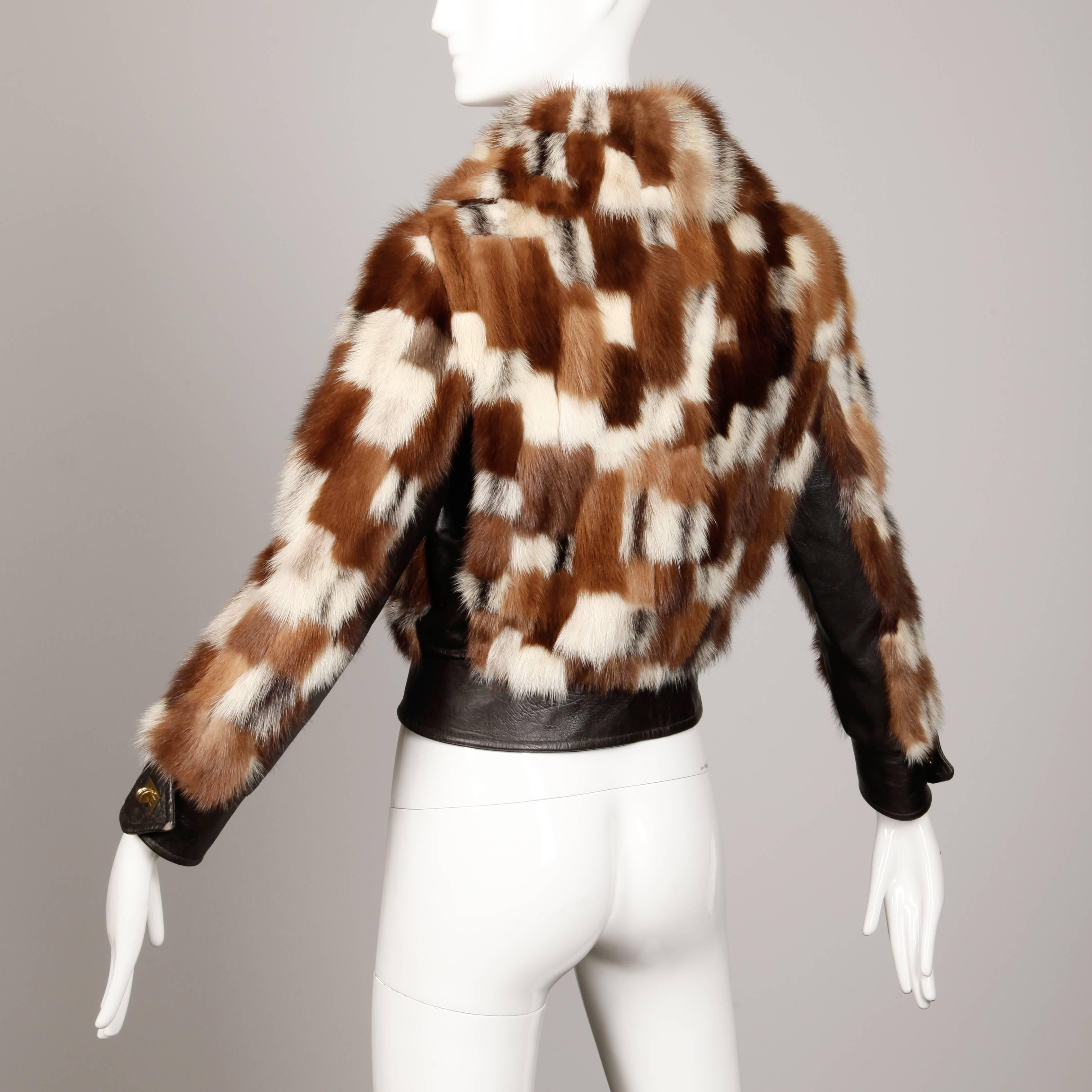 1970s Vintage Patchwork Multicolor Mink Fur + Brown Leather Jacket 1