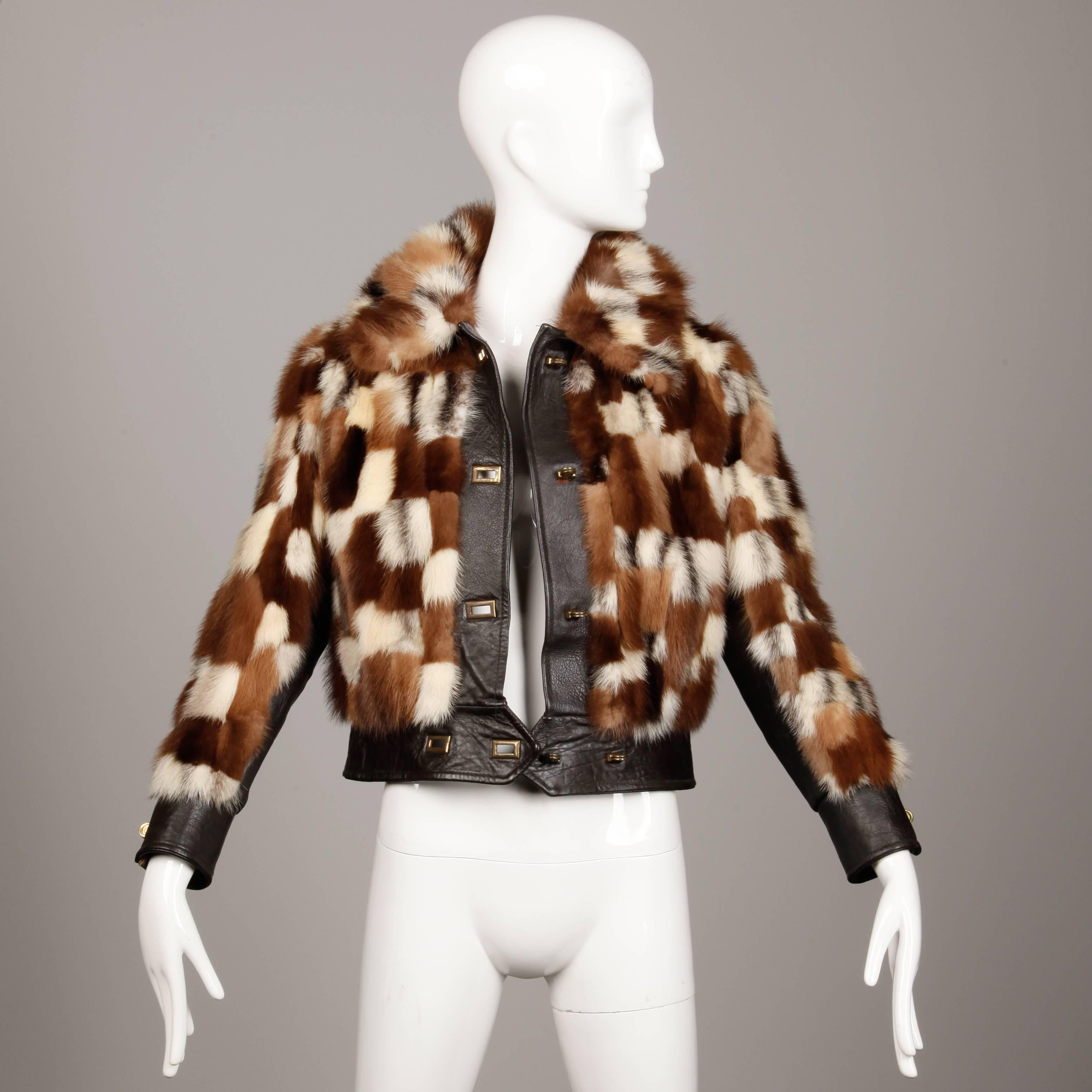 1970s Vintage Patchwork Multicolor Mink Fur + Brown Leather Jacket 3