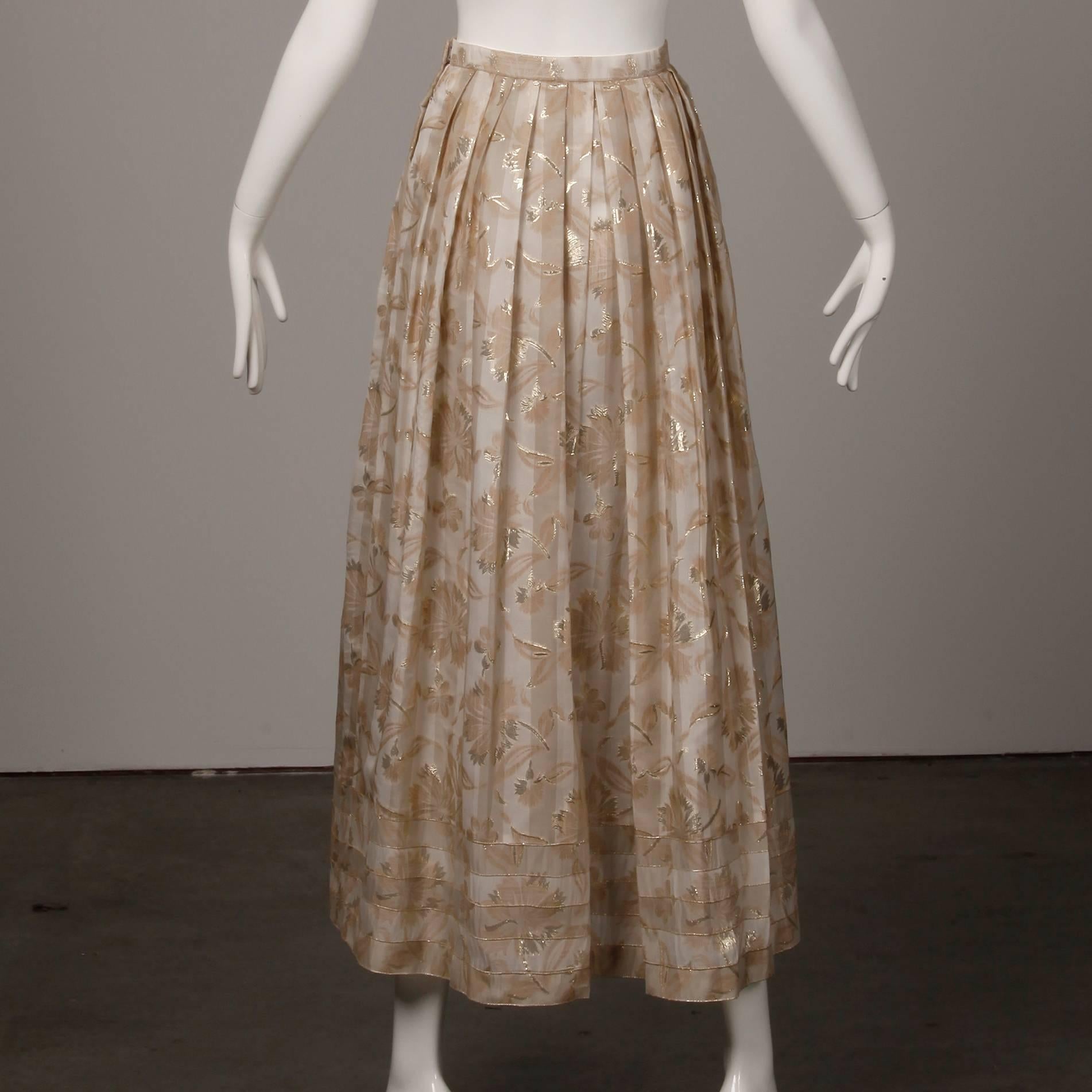 Brown Oscar de la Renta Vintage Metallic Gold White Nude Silk Evening Maxi Skirt