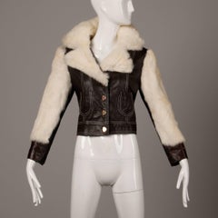 1970s Vintage Brown Leather Jacket with White Rabbit Fur