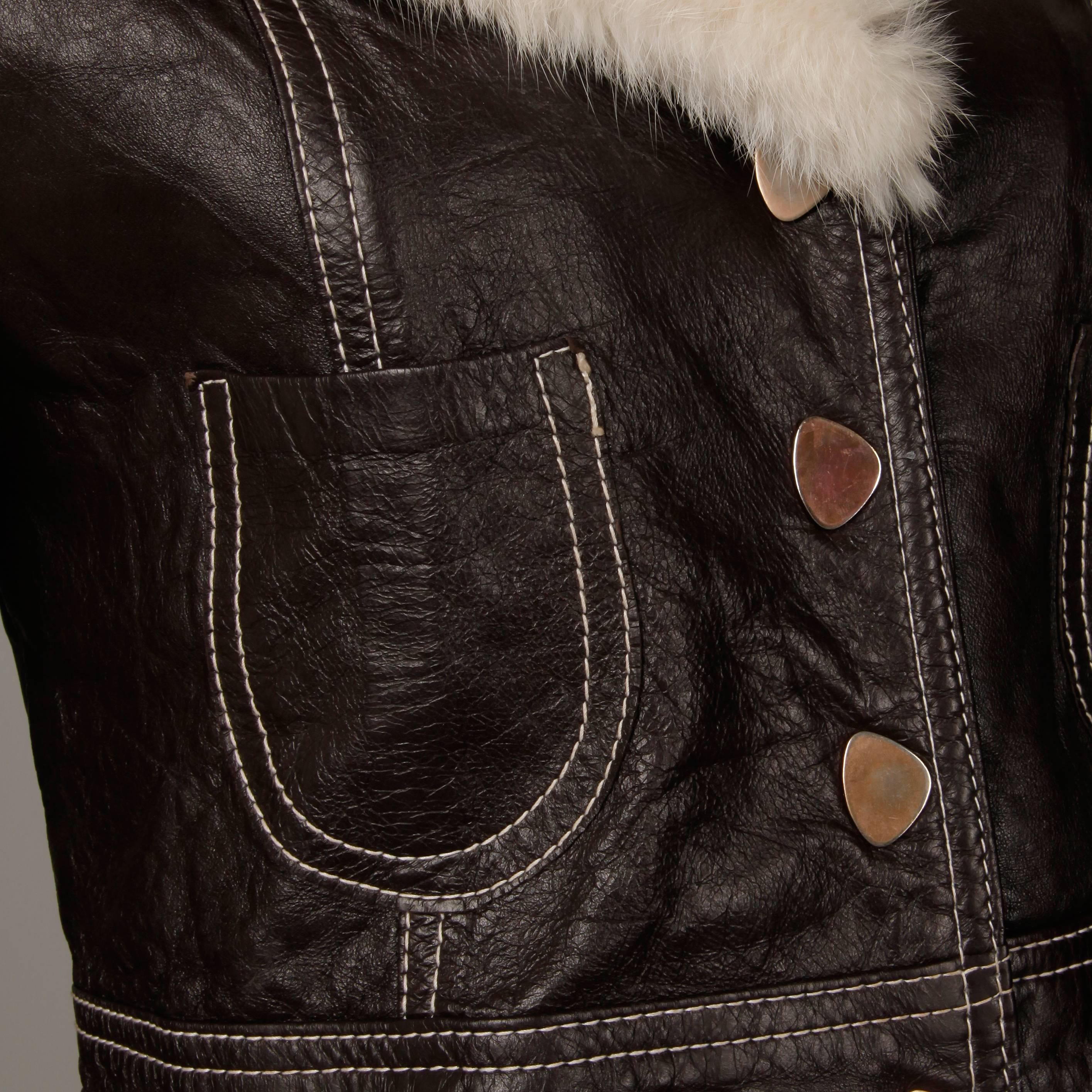 Women's 1970s Vintage Brown Leather Jacket with White Rabbit Fur