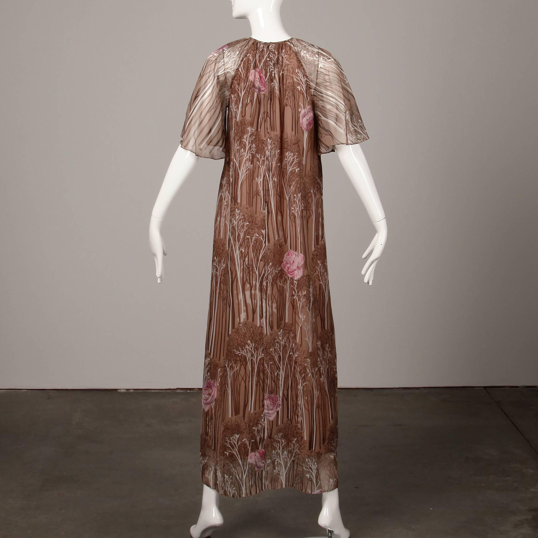 1970s Hanae Mori Vintage Flower + Tree Print Maxi Dress with Flutter Sleeves 1