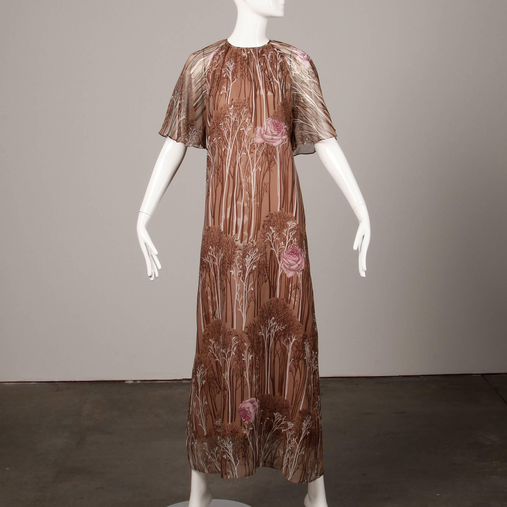 Brown 1970s Hanae Mori Vintage Flower + Tree Print Maxi Dress with Flutter Sleeves