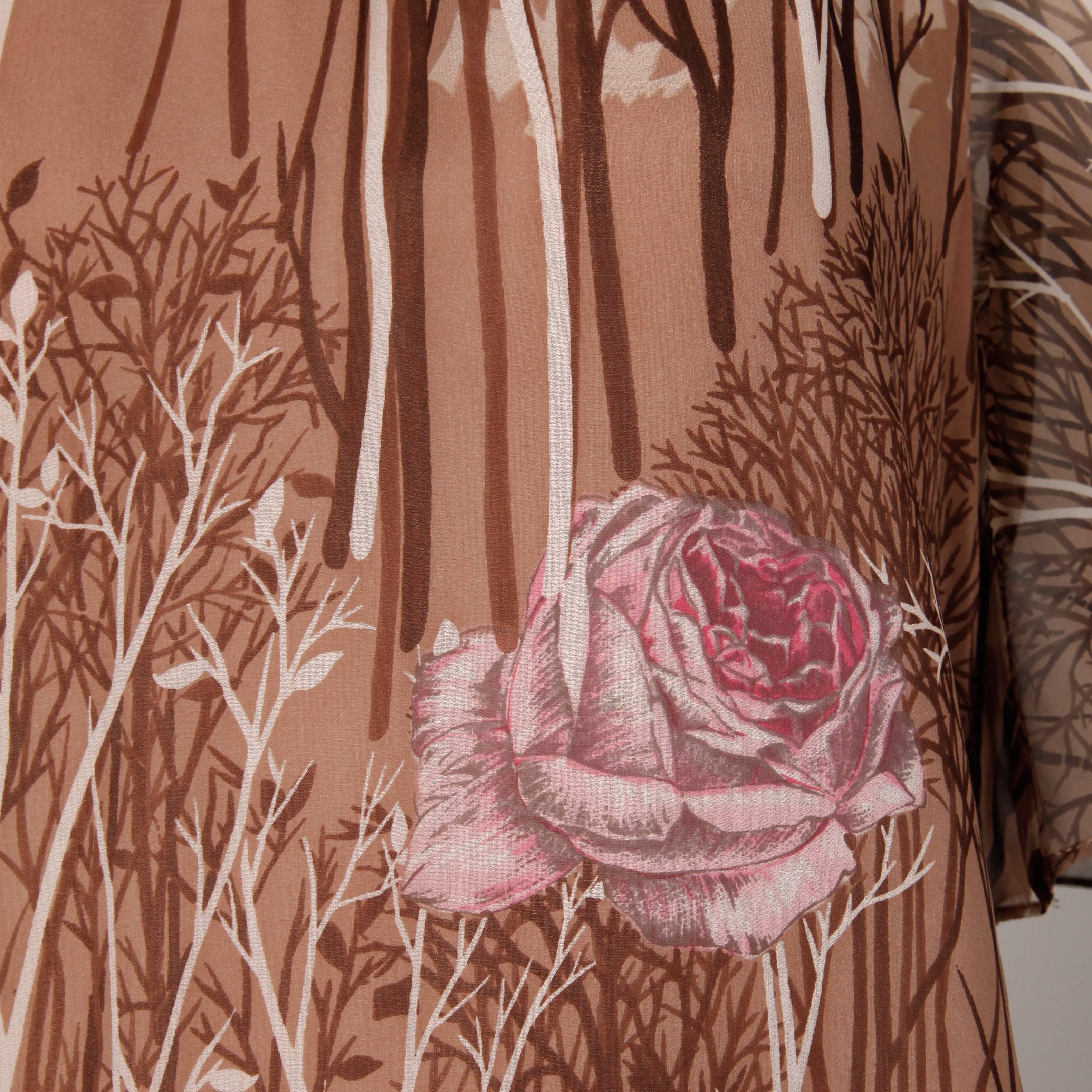 Women's 1970s Hanae Mori Vintage Flower + Tree Print Maxi Dress with Flutter Sleeves