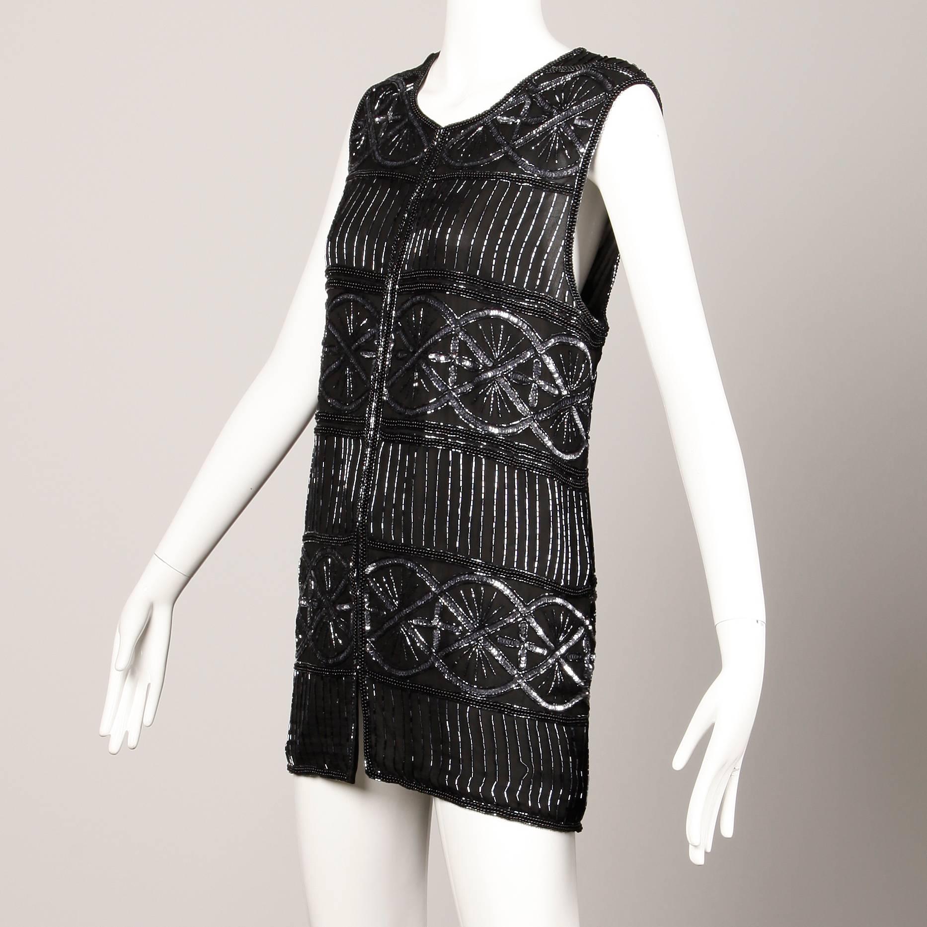 Mary Mcfadden Vintage Black Silk Metallic Beaded + Sequin Vest Jacket / Tank Top For Sale 1