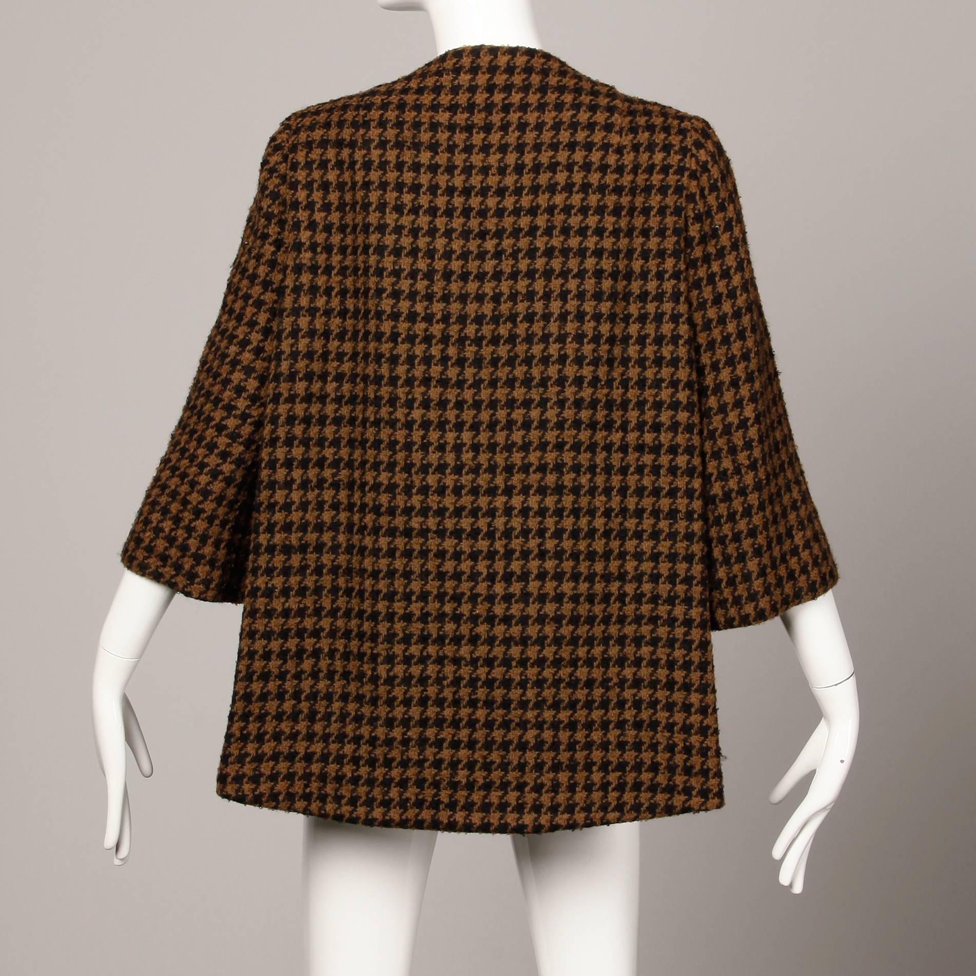 1960s Mr. Blackwell Custom Vintage Black + Brown Houndstooth Wool Jacket or Coat For Sale 1