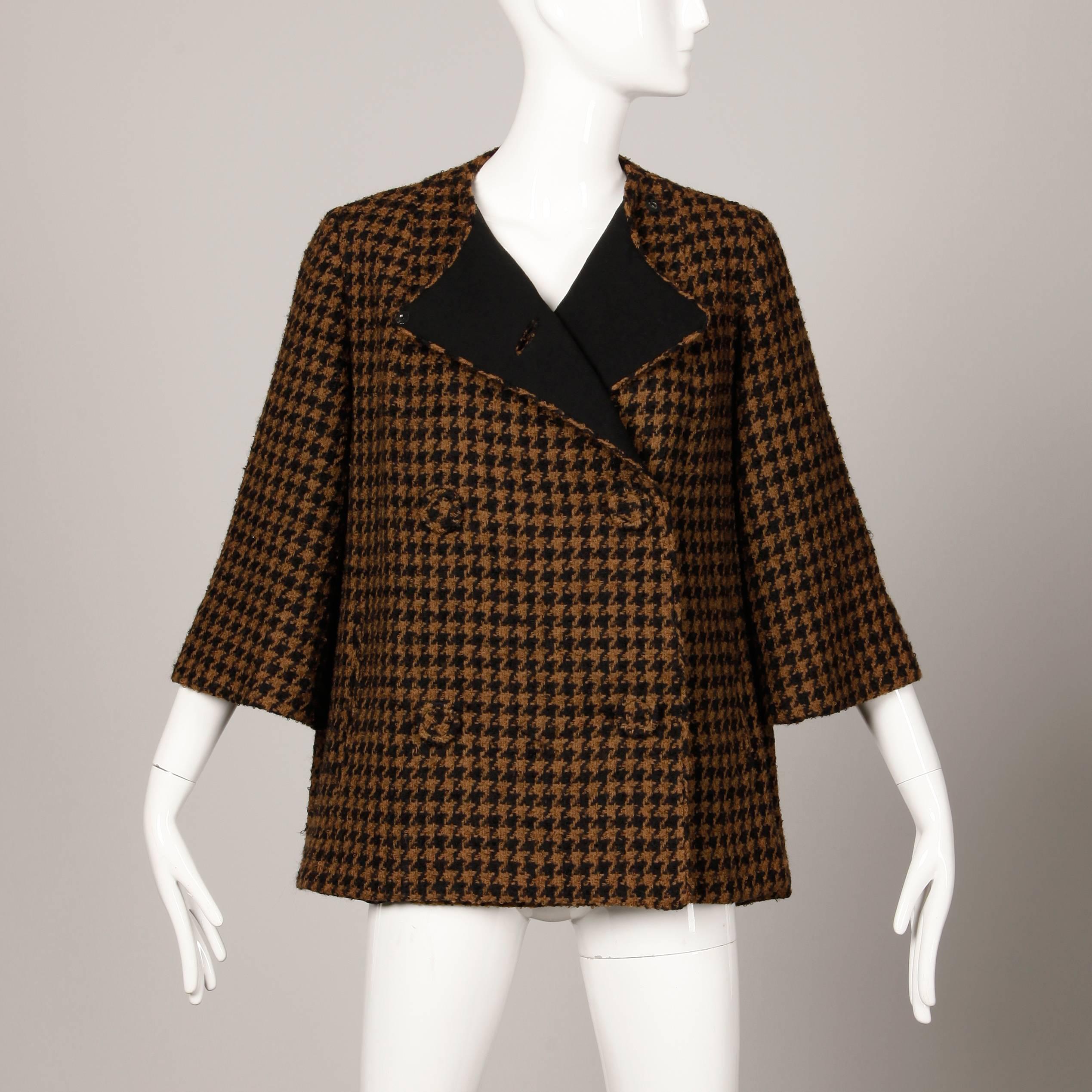 1960er Mr. Blackwell Maßgeschneiderte Vintage Jacke oder Mantel aus Wolle mit Hahnentritt in Schwarz und Braun Damen im Angebot