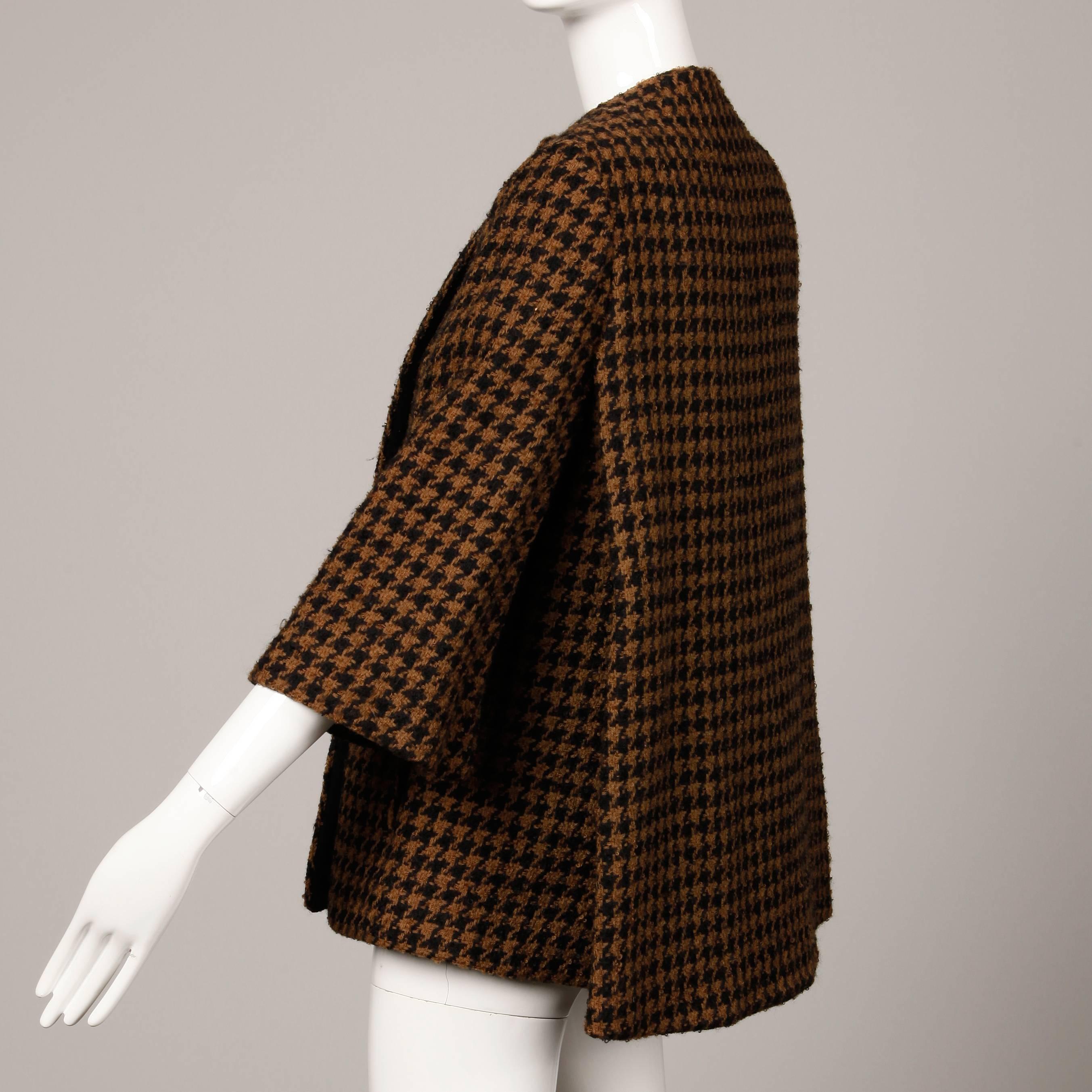 Women's 1960s Mr. Blackwell Custom Vintage Black + Brown Houndstooth Wool Jacket or Coat For Sale