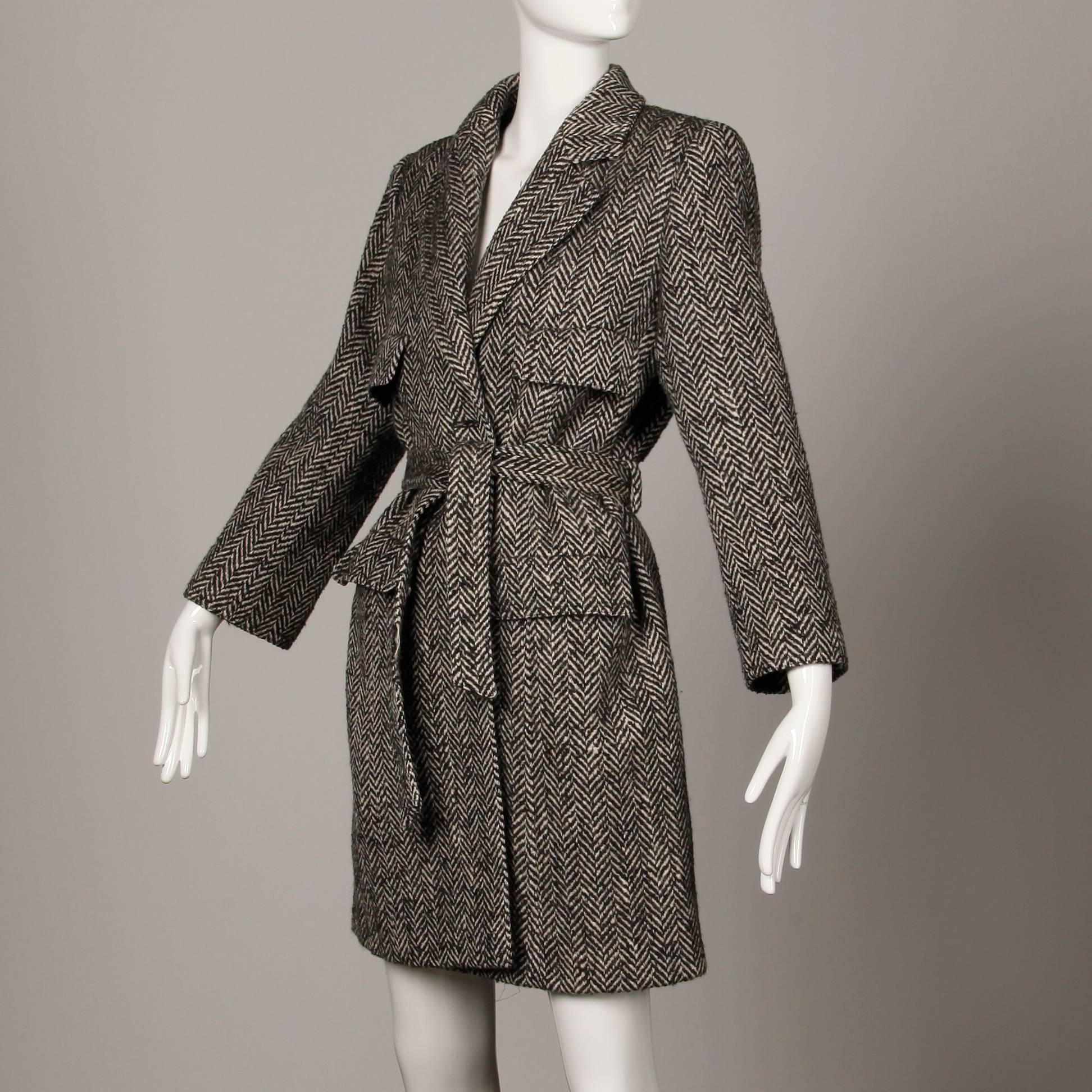 Valentino Vintage Black + White Heringbone Wool Coat with Sash Belt In Excellent Condition For Sale In Sparks, NV