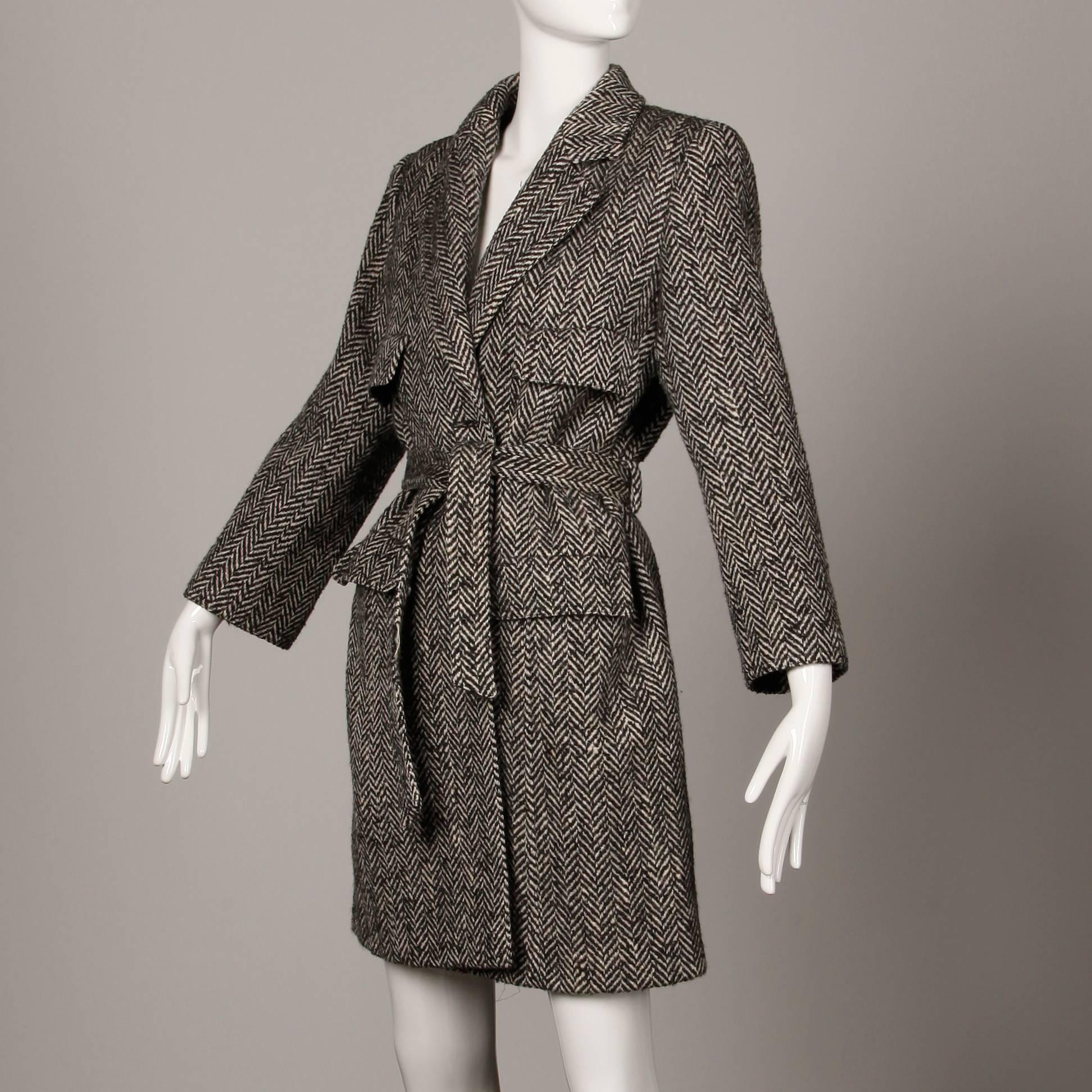 Valentino Vintage Black + White Heringbone Wool Coat with Sash Belt In Excellent Condition In Sparks, NV