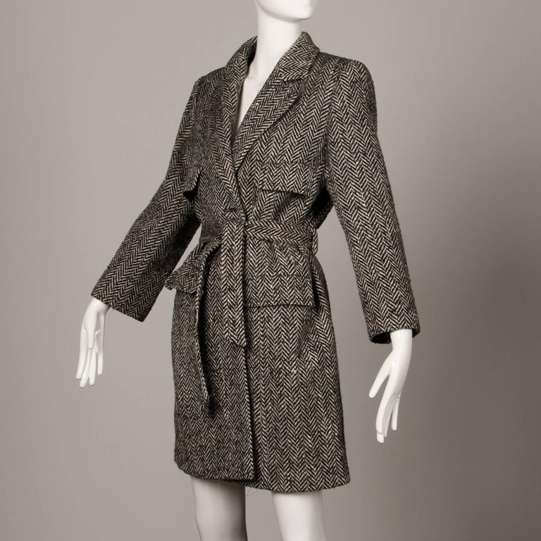 Valentino Vintage Black + White Heringbone Wool Coat with Sash Belt For