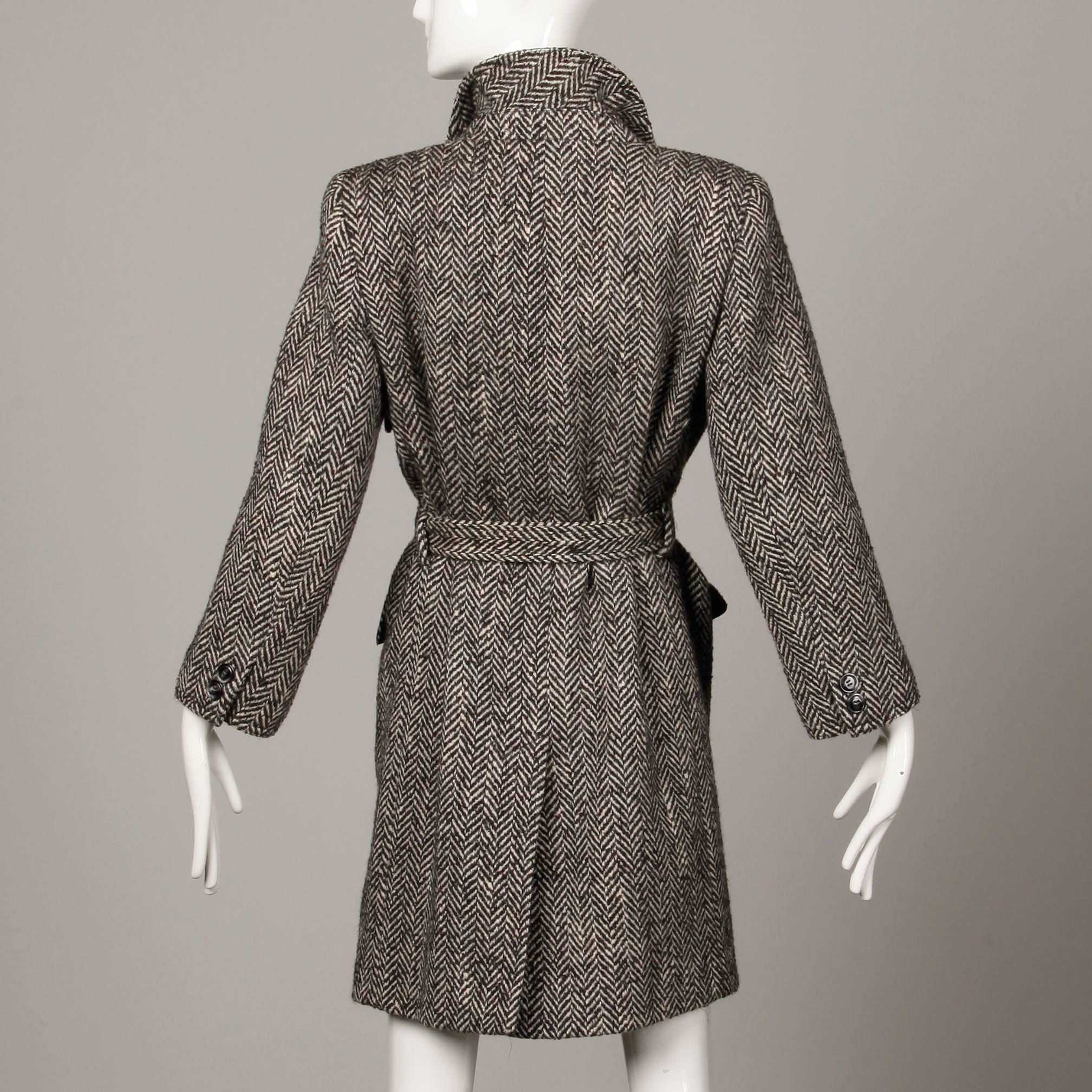 Women's Valentino Vintage Black + White Heringbone Wool Coat with Sash Belt For Sale