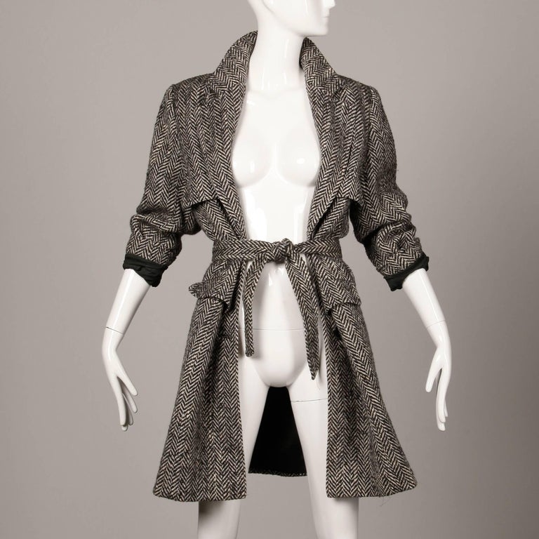 Valentino Vintage Black + White Heringbone Wool Coat with Sash Belt For