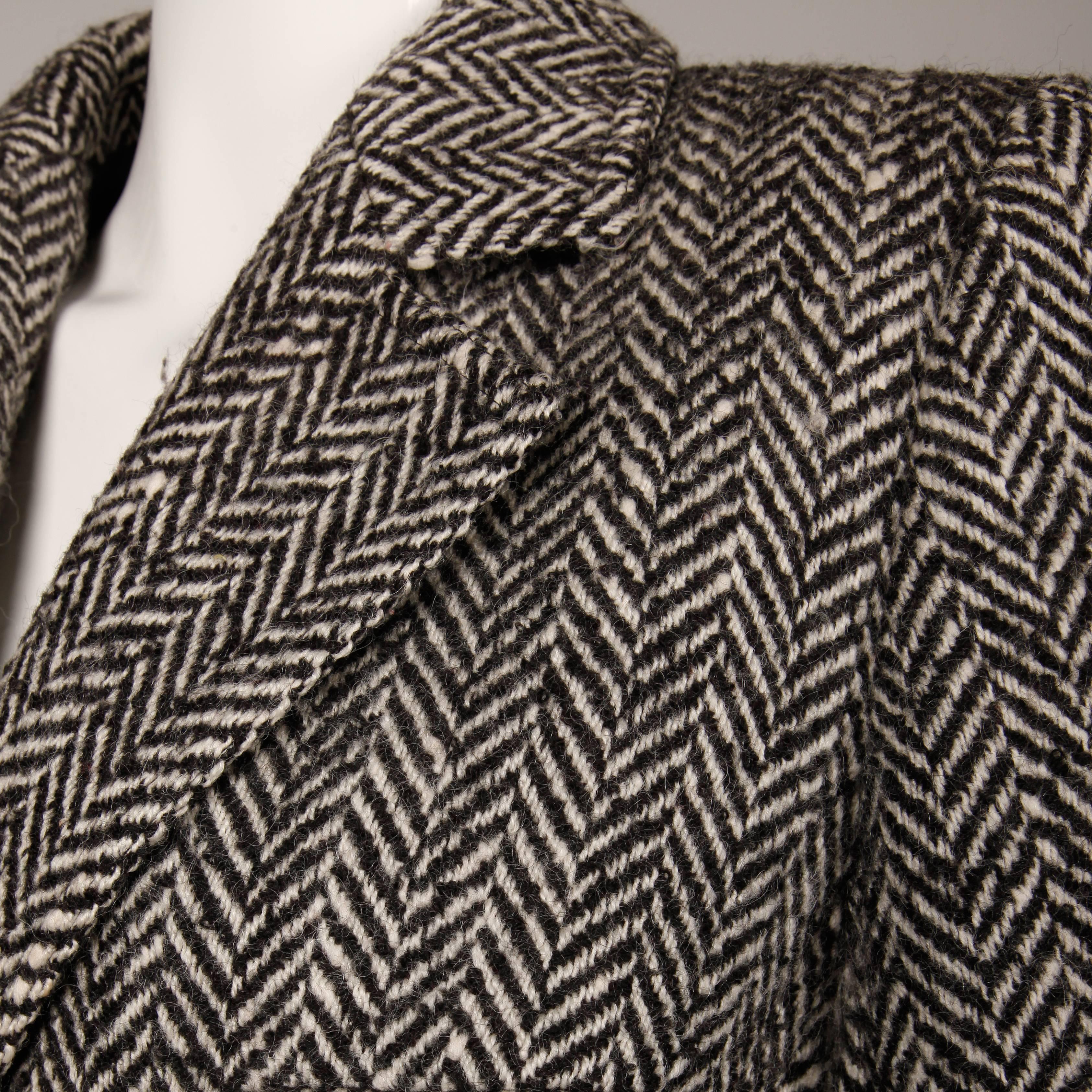 Valentino Vintage Black + White Heringbone Wool Coat with Sash Belt For Sale 1