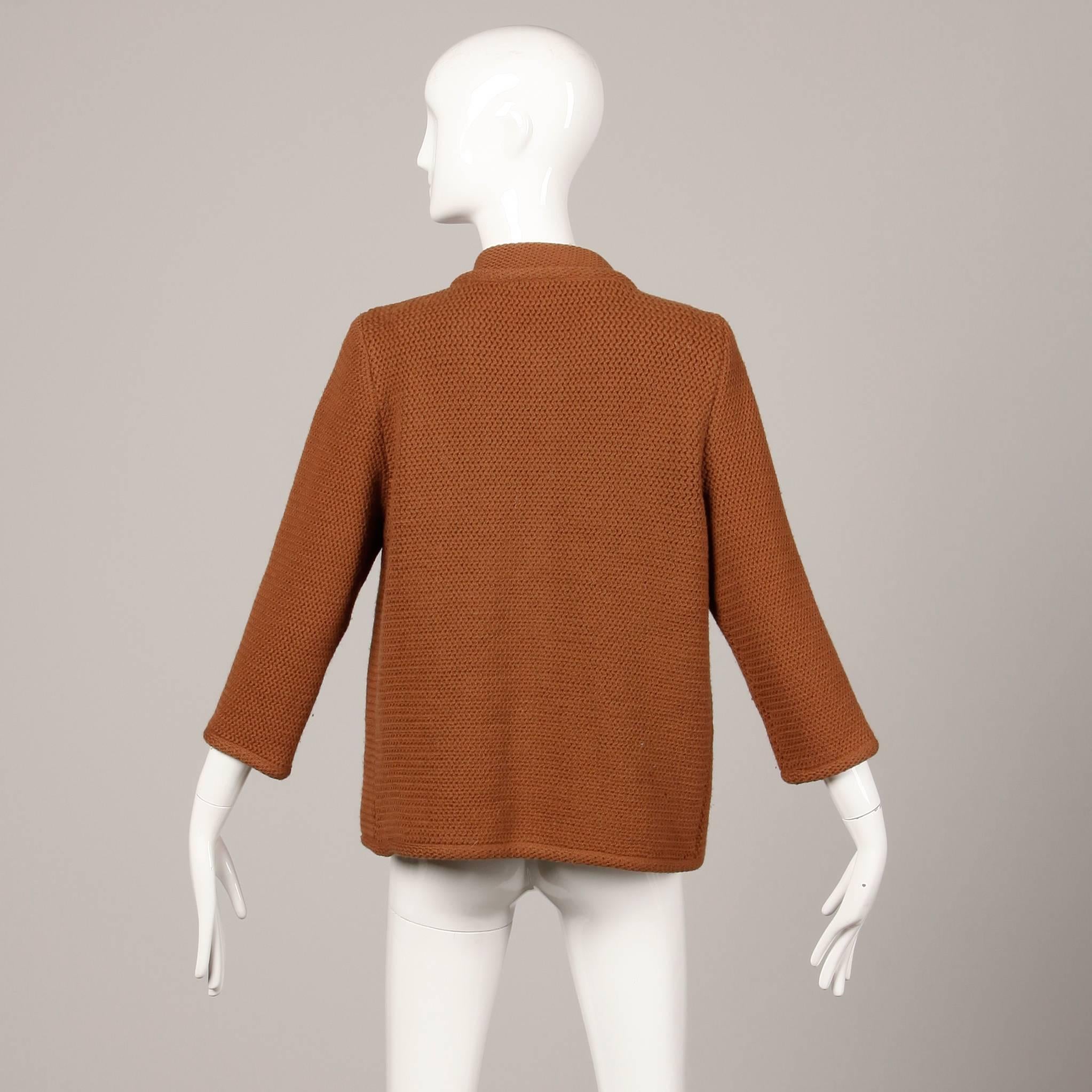 1960s Vintage Ethel Beverly Hills Brown 100% Wool Knit Rings Cardigan Sweater  1