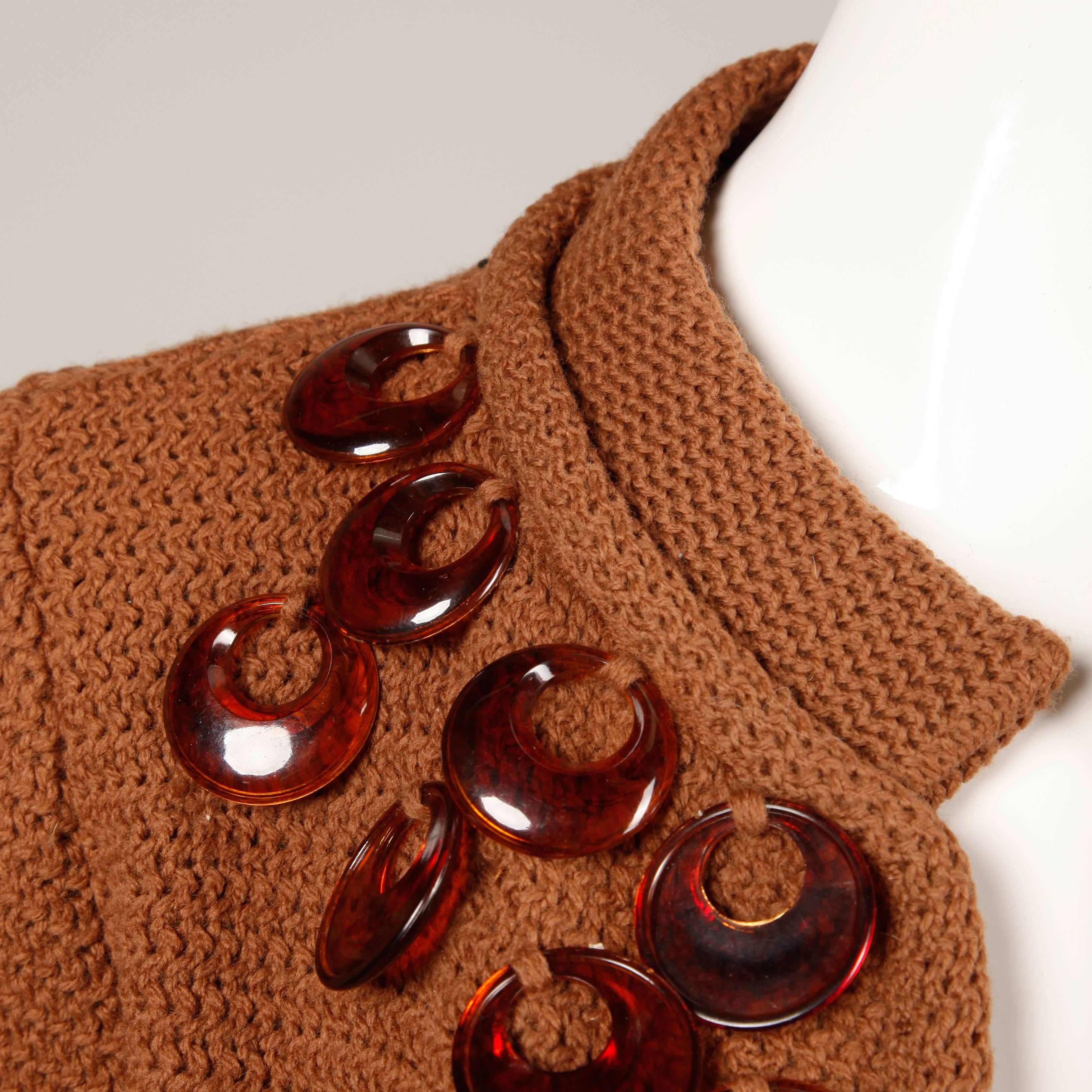 Women's 1960s Vintage Ethel Beverly Hills Brown 100% Wool Knit Rings Cardigan Sweater 
